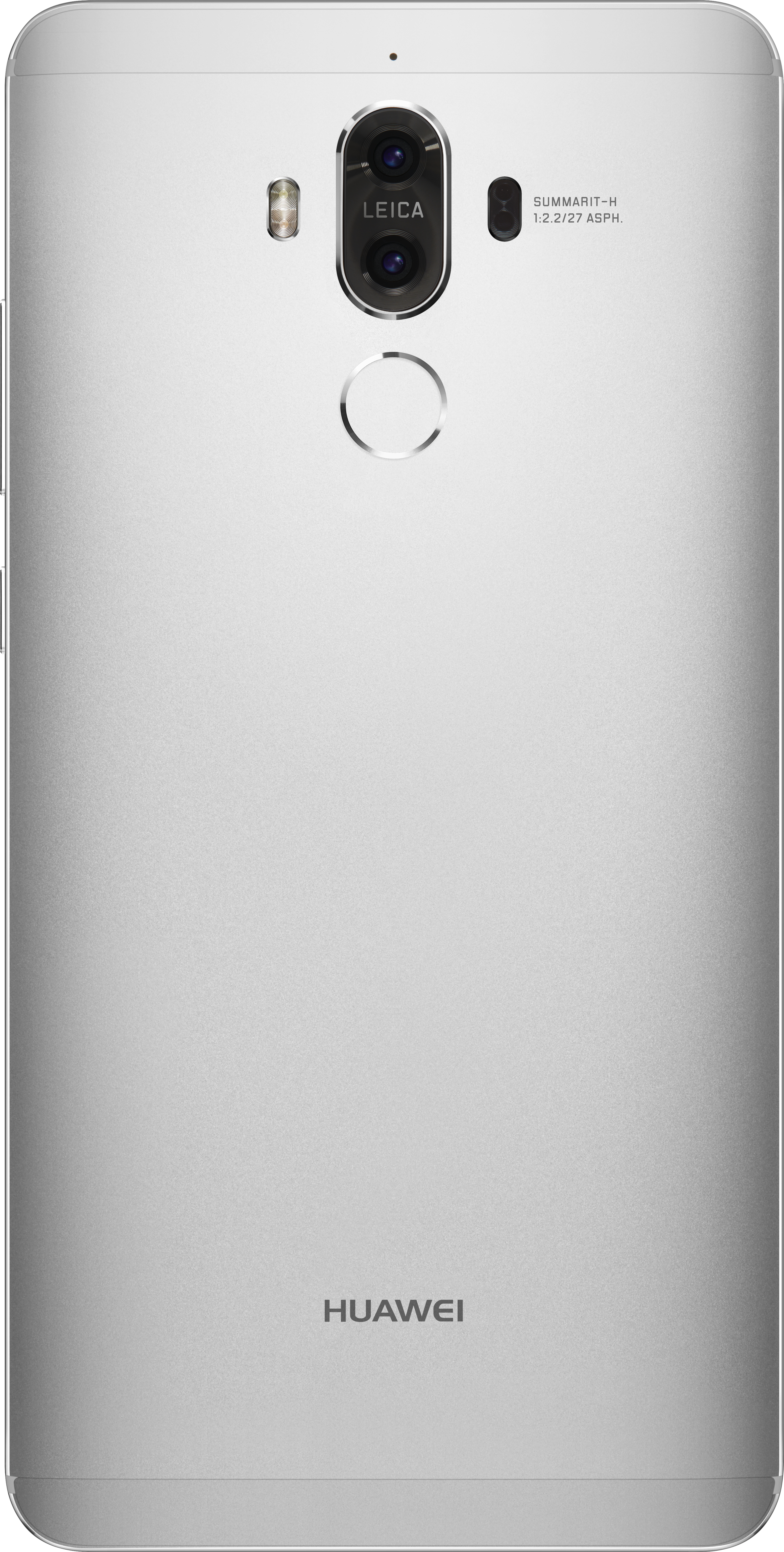 Rückseite eines silbernen Telefons. Es hat eine Kamera und das Huawei-Logo.