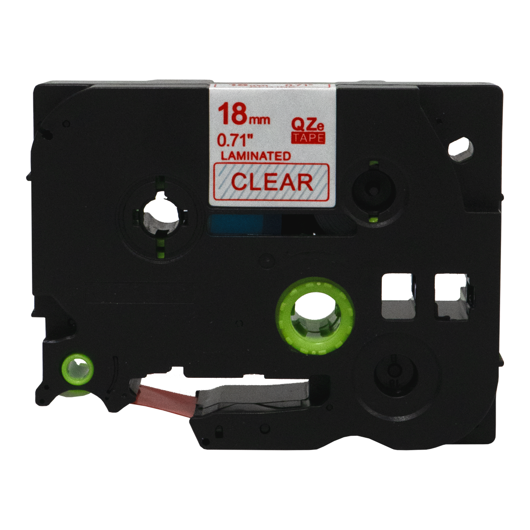 Zwarte labelmaker cartridge. Label toont '18mm 0.71" Clear'. Transparante tape zichtbaar.