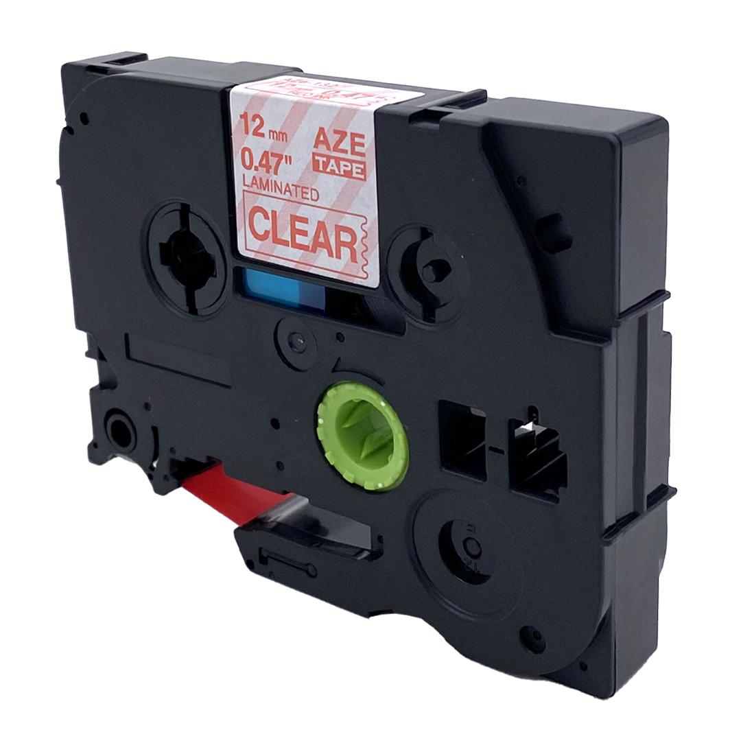Zwarte labeltape cartridge met doorzichtig label. Tekst: 12mm 0.47" CLEAR LAMINATED TAPE.