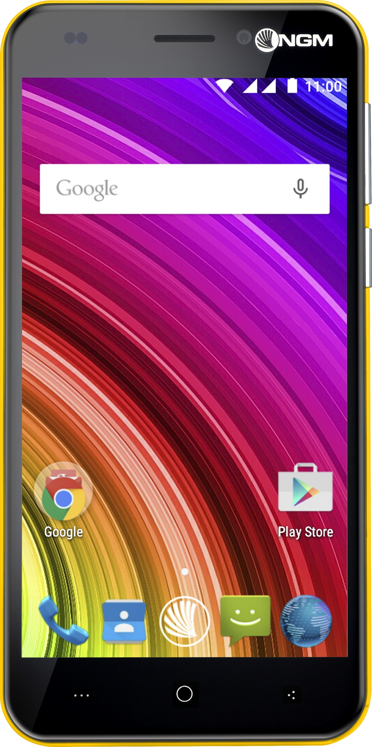 Smartphone con cornice gialla e schermo colorato, barra di ricerca Google e icone delle app. Logo NGM.