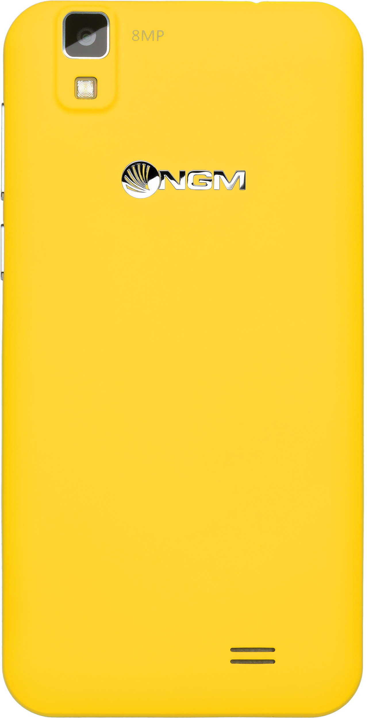 Retro di smartphone giallo. Fotocamera e flash in alto, logo NGM.