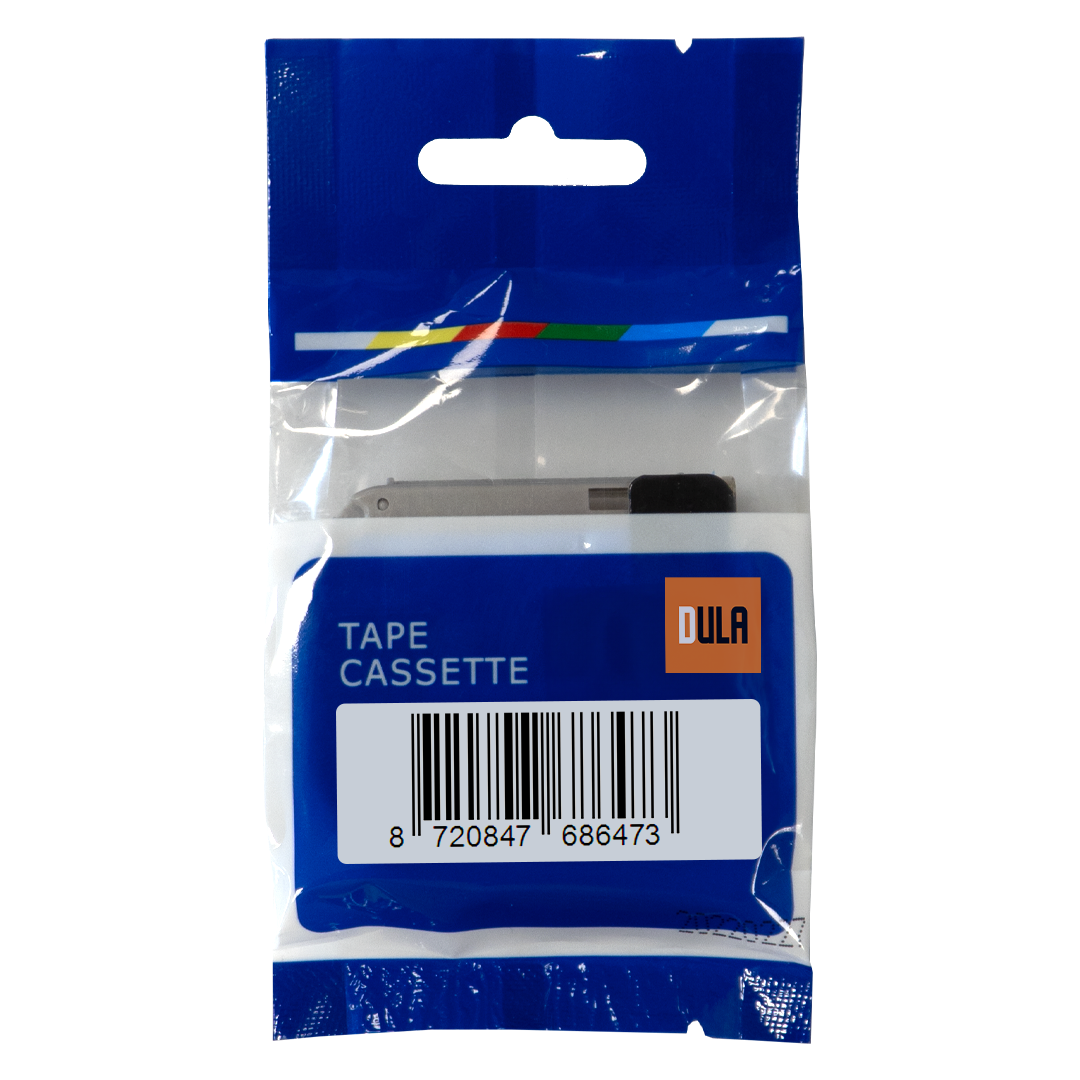 Een cassette in een blauw-witte plastic verpakking met 'Tape Cassette'.