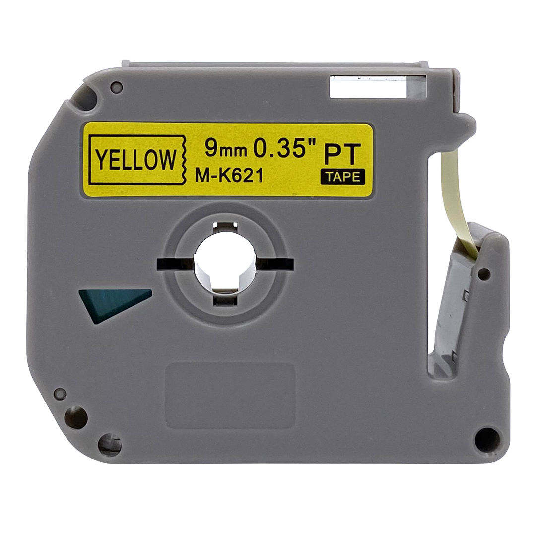 Grijze labelmaker cartridge met gele tekst: YELLOW, 9mm, 0.35" PT TAPE.