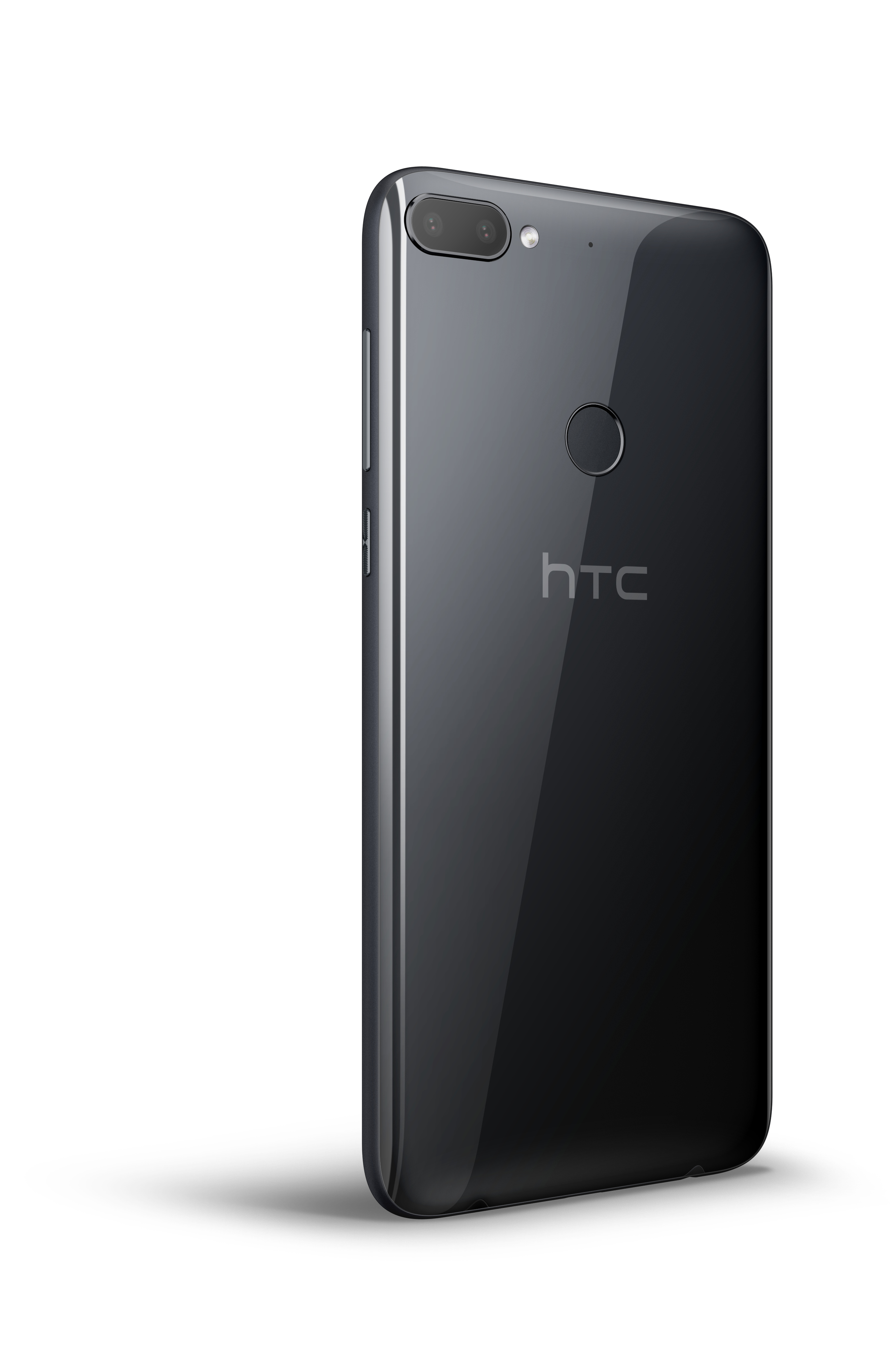 Schwarzes HTC-Telefon, schräge Ansicht. Dual-Kamera, Blitz und HTC-Logo auf der Rückseite. Weißer Hintergrund.