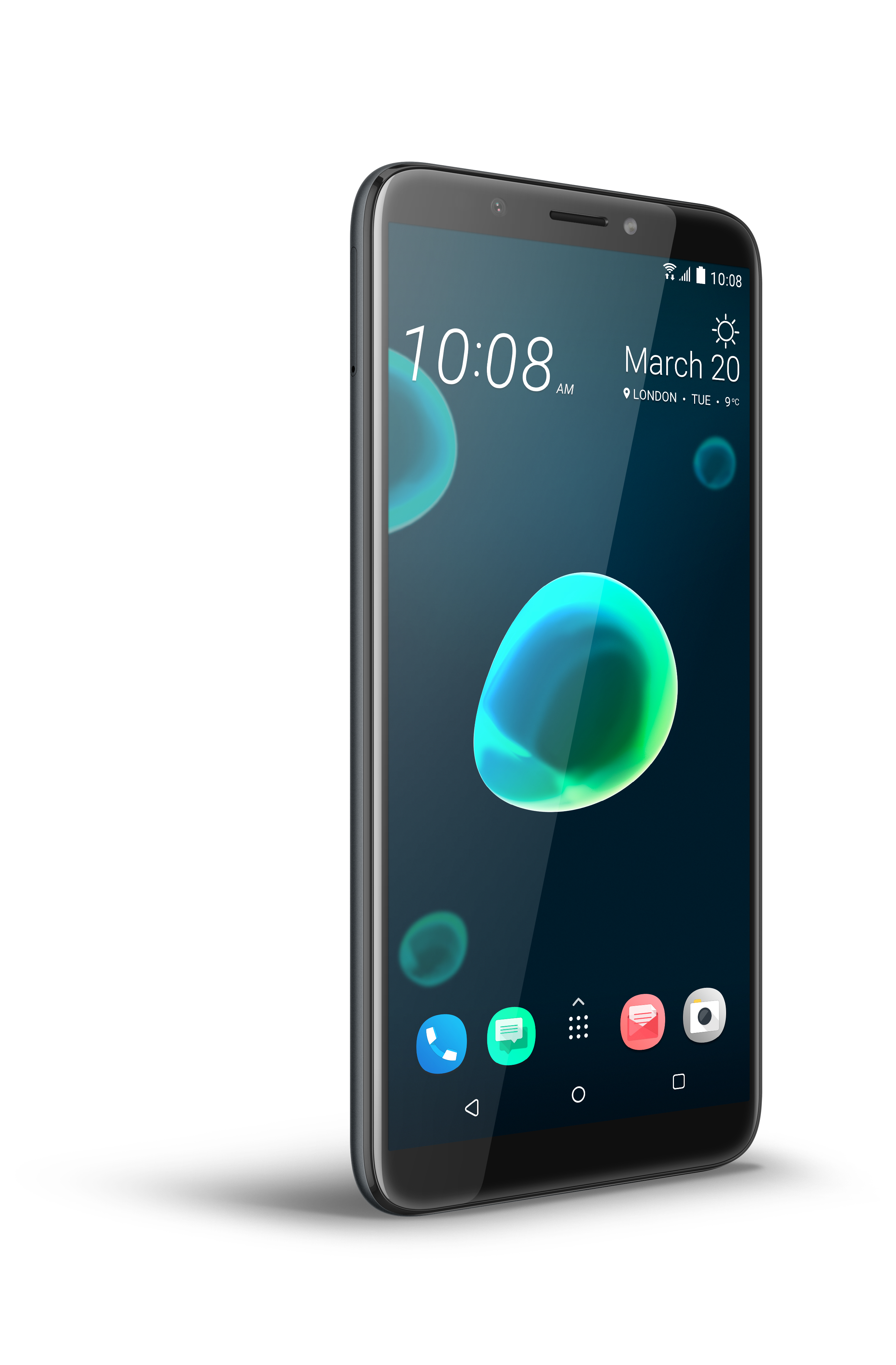 Ein schwarzes Smartphone mit großem Bildschirm. Der Bildschirm zeigt ein blau-grünes abstraktes Bild.