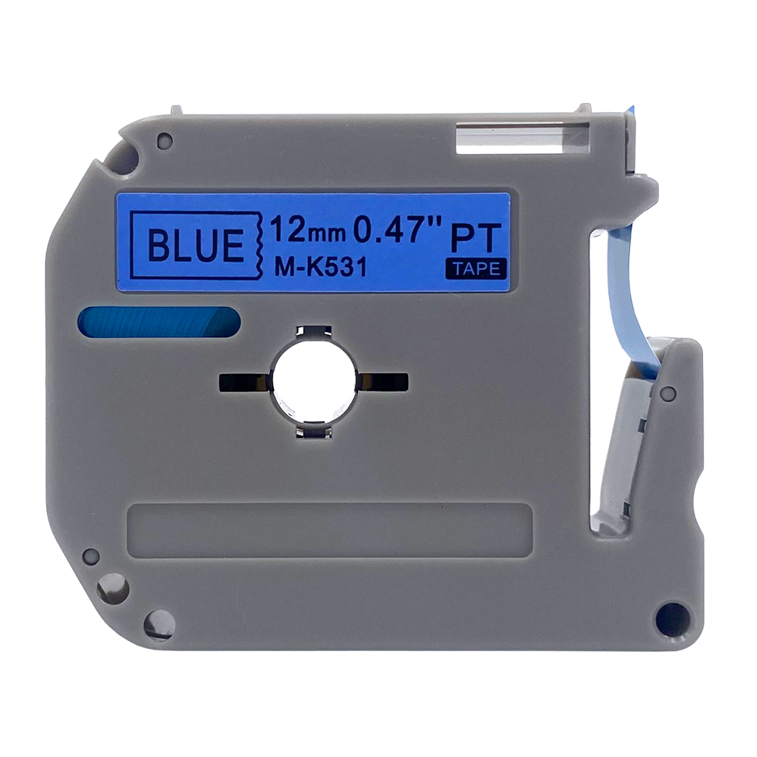 A grey label tape cartridge with blue text and a blue label.