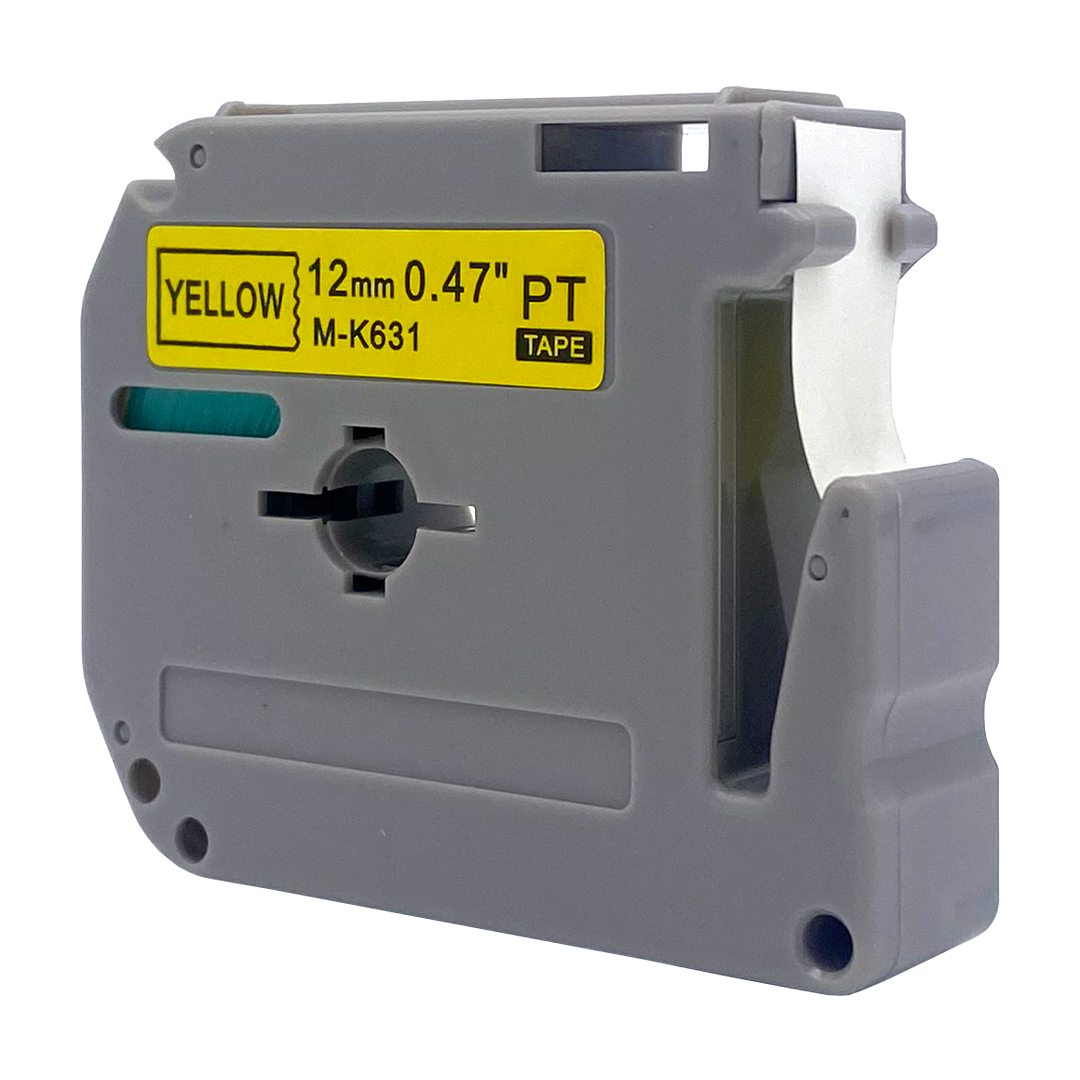 Grijze tape cassette met geel label waarop 12mm 0.47" PT TAPE M-K631 staat.