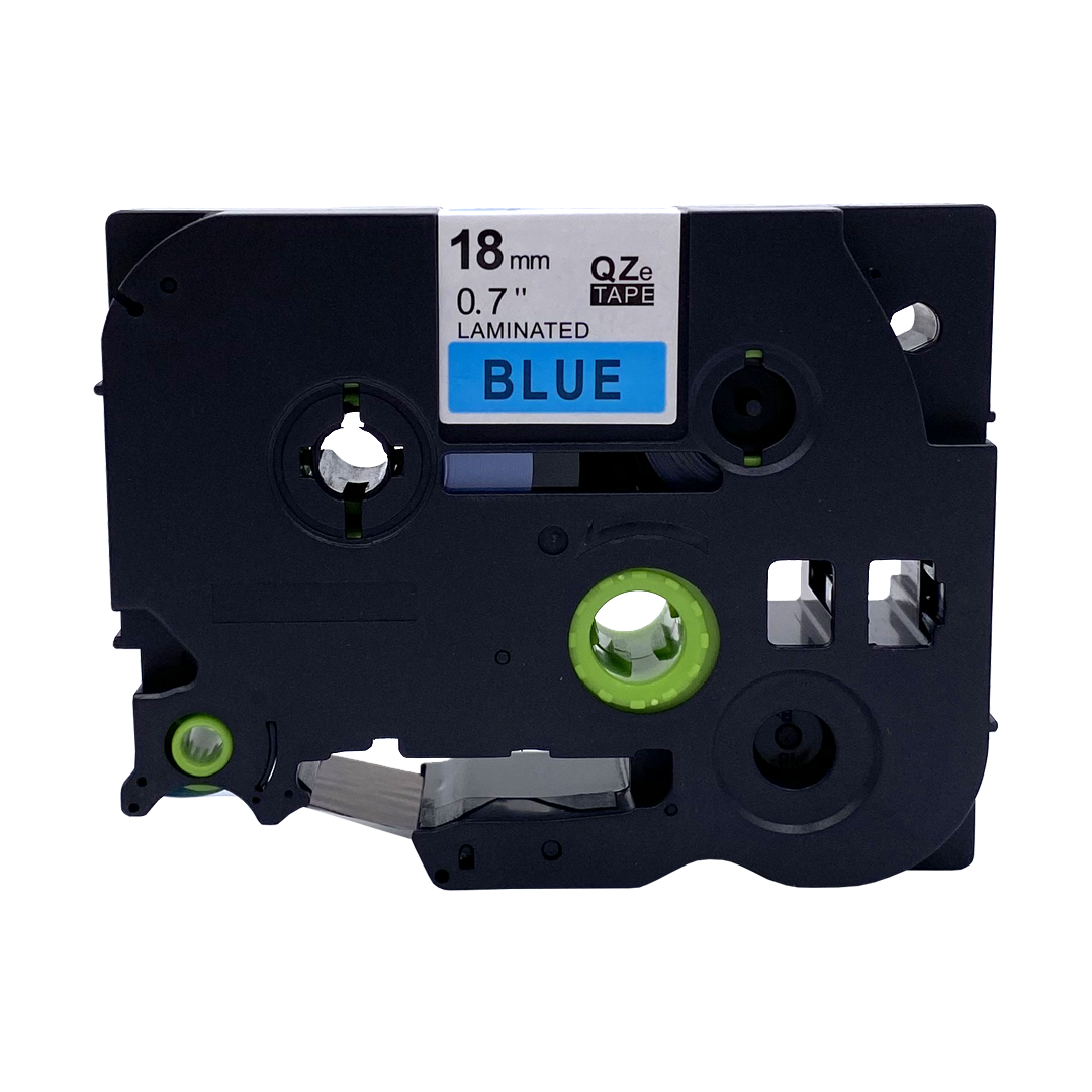 Blauwe labelmaker cartridge. 'LAMINATED BLUE' staat op het label. Zwarte cartridge body.