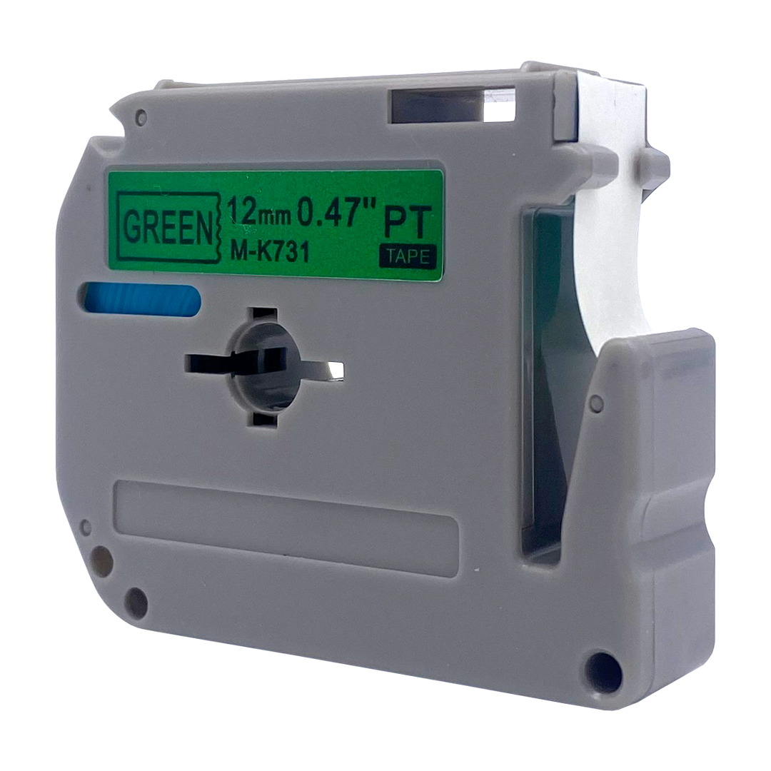 Grijze labelmaker cartridge met groen label. Er staat GREEN, 12mm 0.47" PT TAPE.
