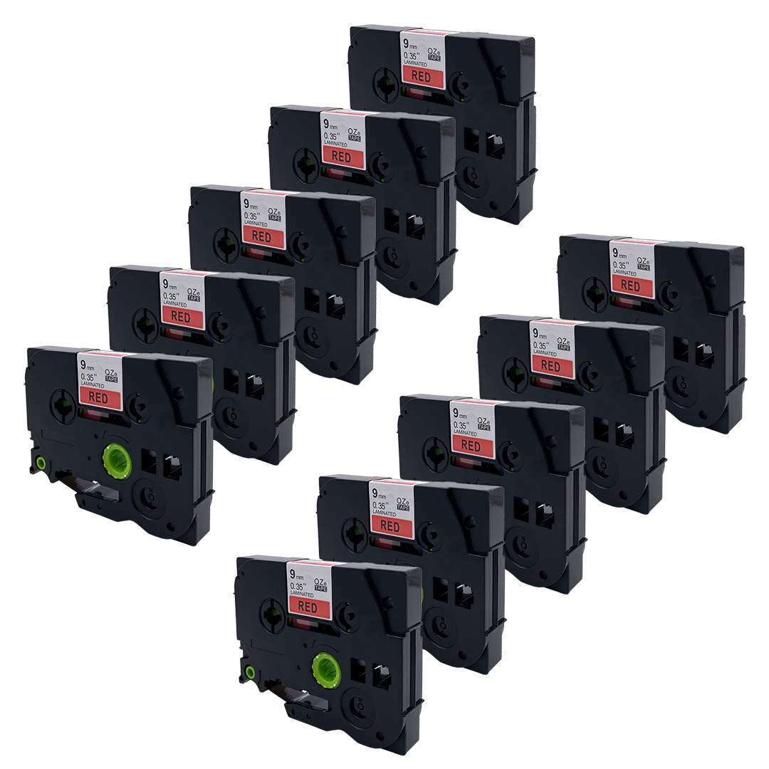 Meerdere rode labelmaker cartridges. Labels lezen 'RED'. Zwarte cartridge body.