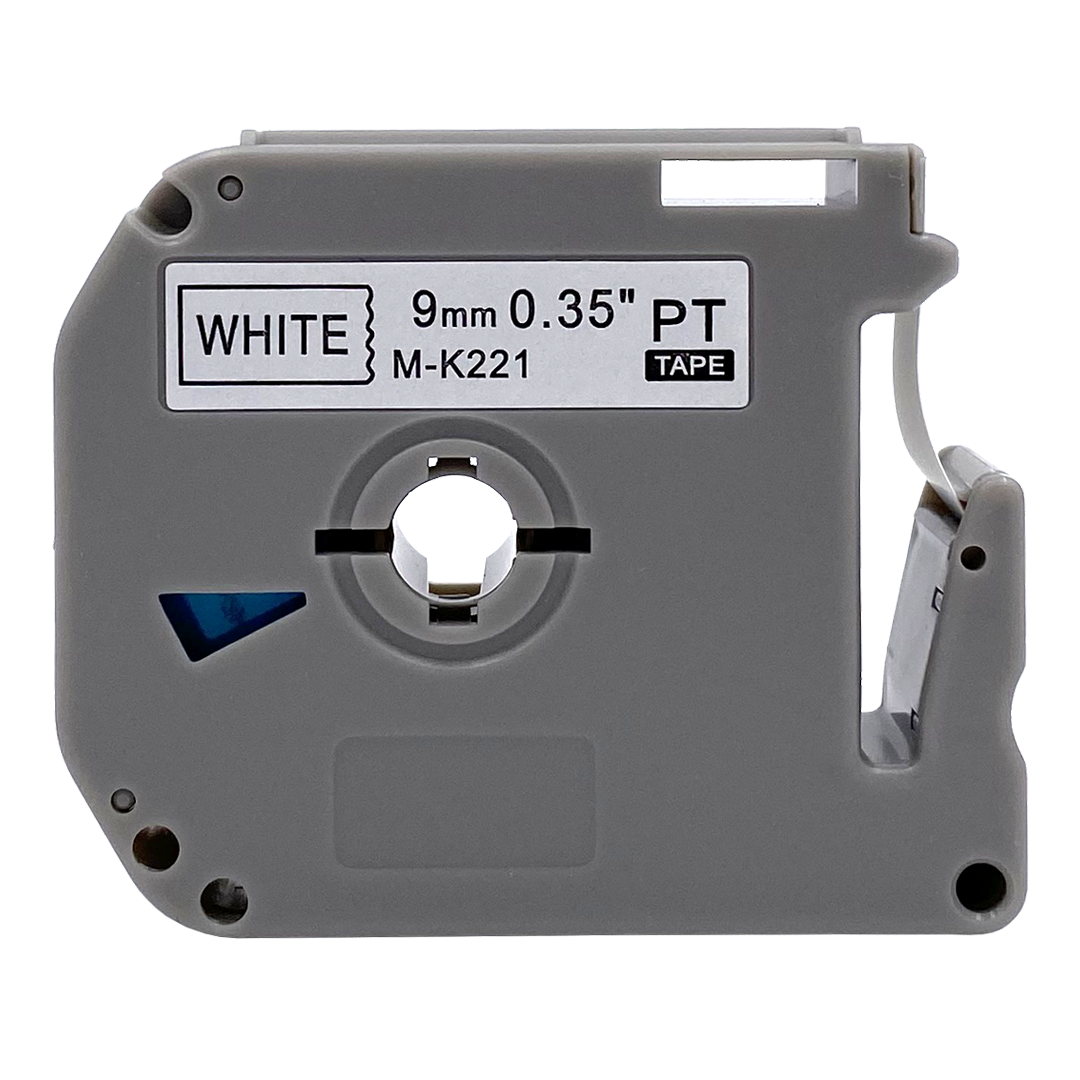 Grijze labelmaker cartridge met wit label, tekst en een gat.
