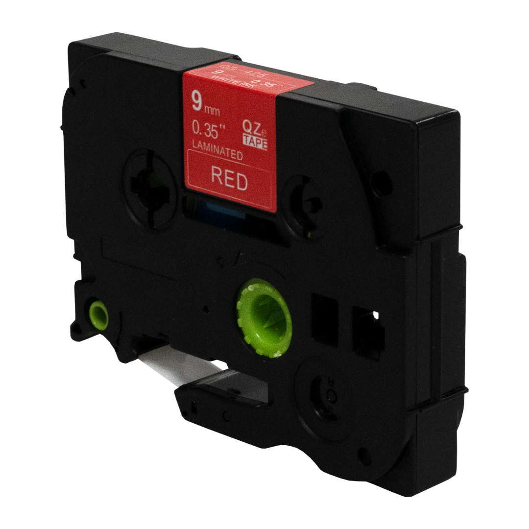 Zwart etiketlint. Rood label met 'RED', '9mm', '0.35' en 'LAMINATED'.