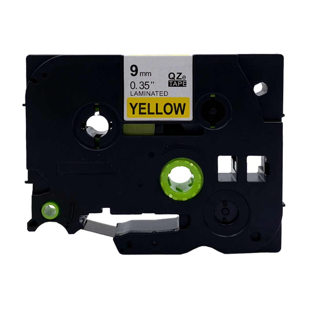 Zwarte tape met geel label: 9mm, 0.35in, GELAMINEERD, GEEL.