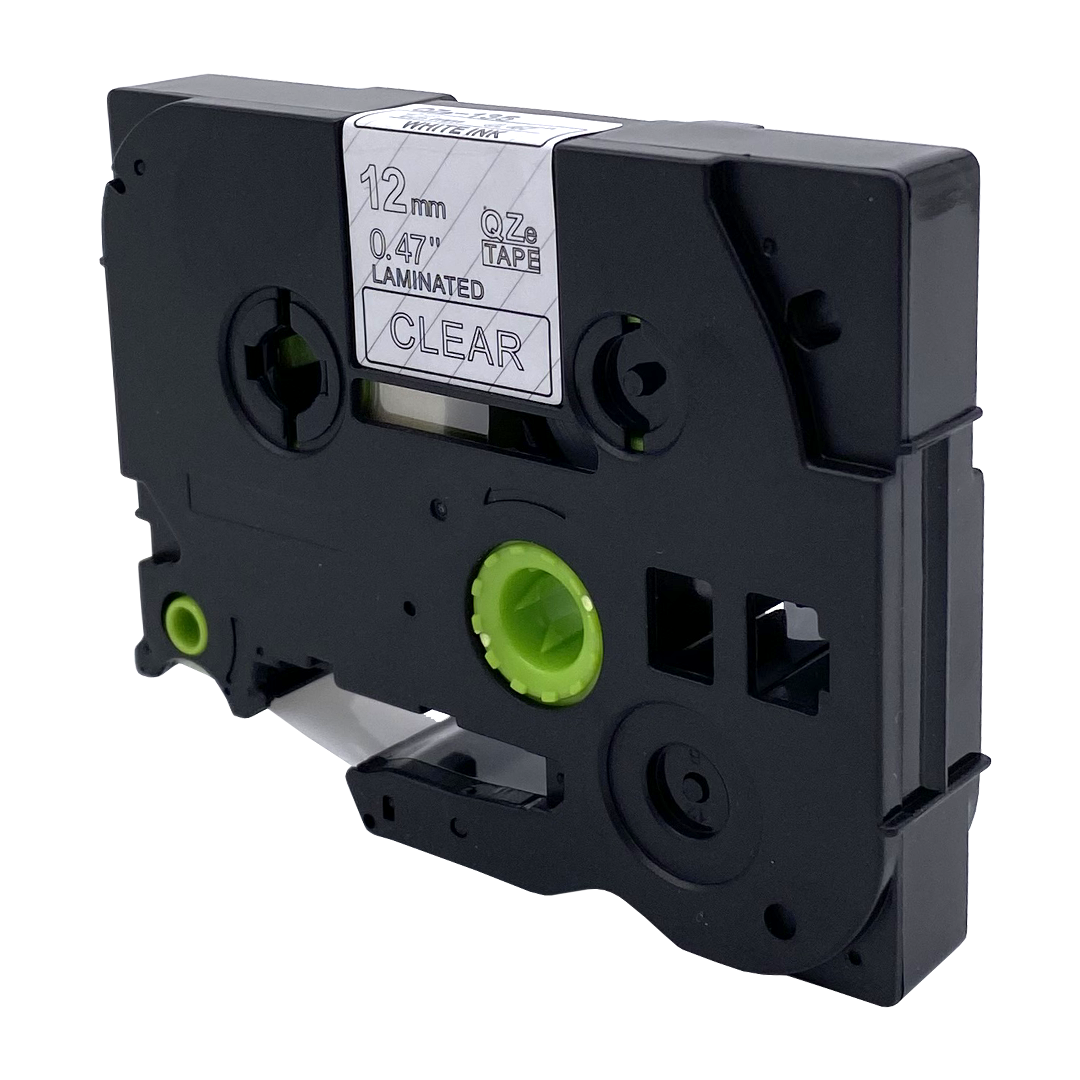 Zwarte tape cartridge met een doorzichtig label met 'CLEAR'.