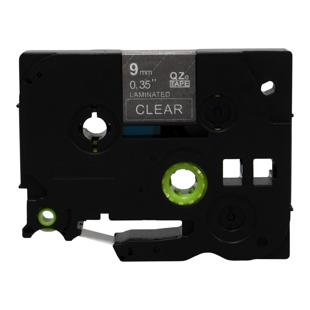 Black label tape cartridge with clear tape. 9mm, 0.35" laminated. White background.