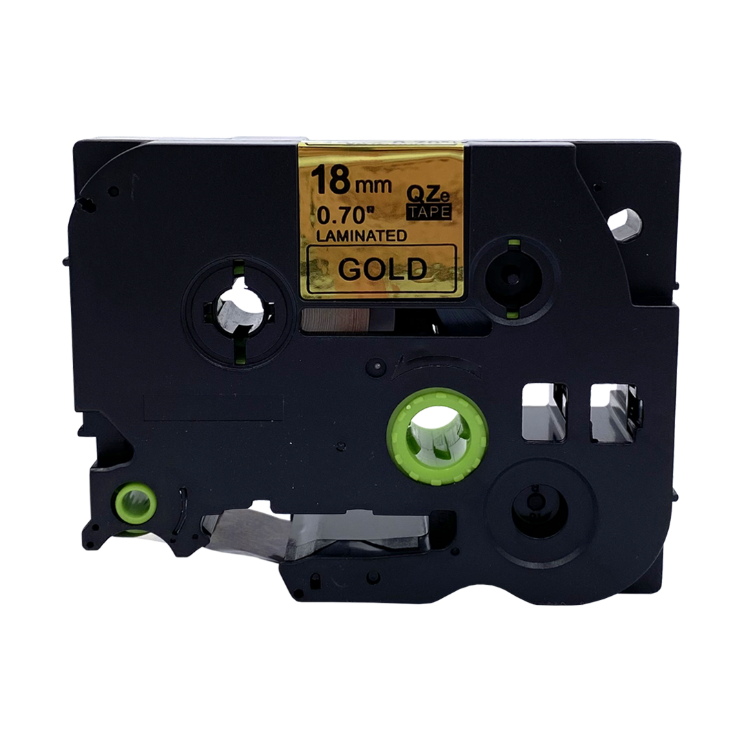Zwarte label tape: 18mm, 0.70", gouden tekst.