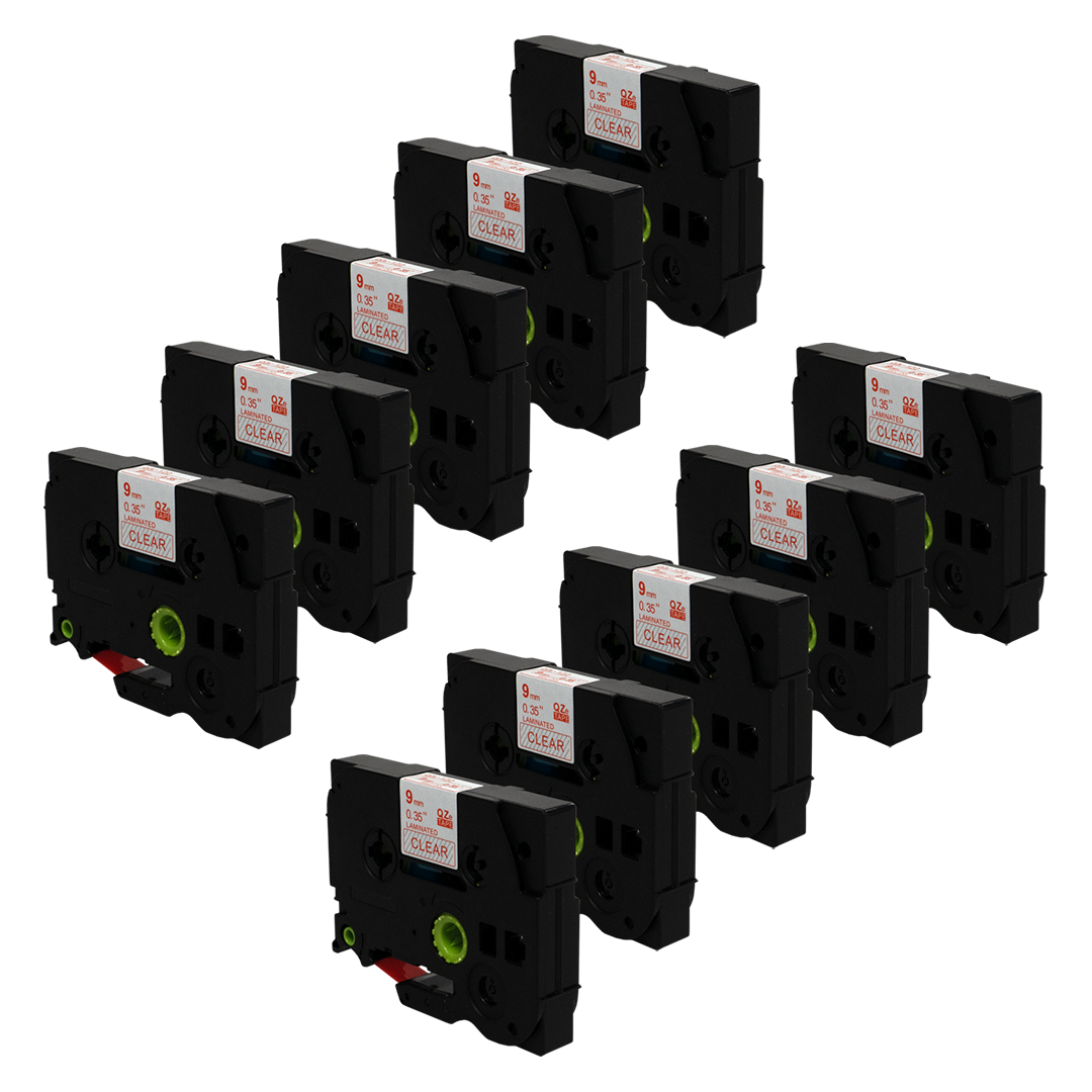 Een dozijn zwarte labelmaker tape cartridges met witte labels.