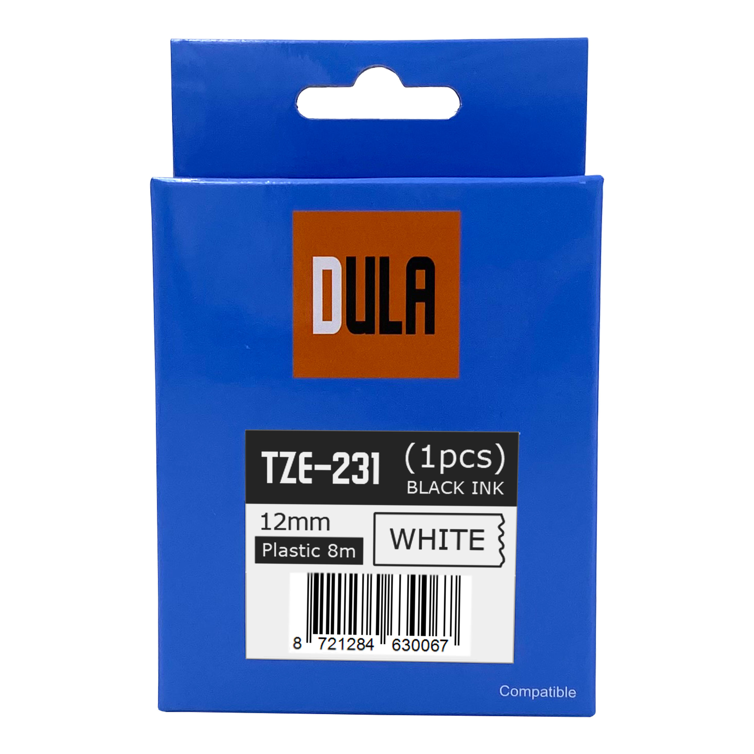 Blauwe doos voor Dula TZE-231 labeltape. Oranje Dula logo.