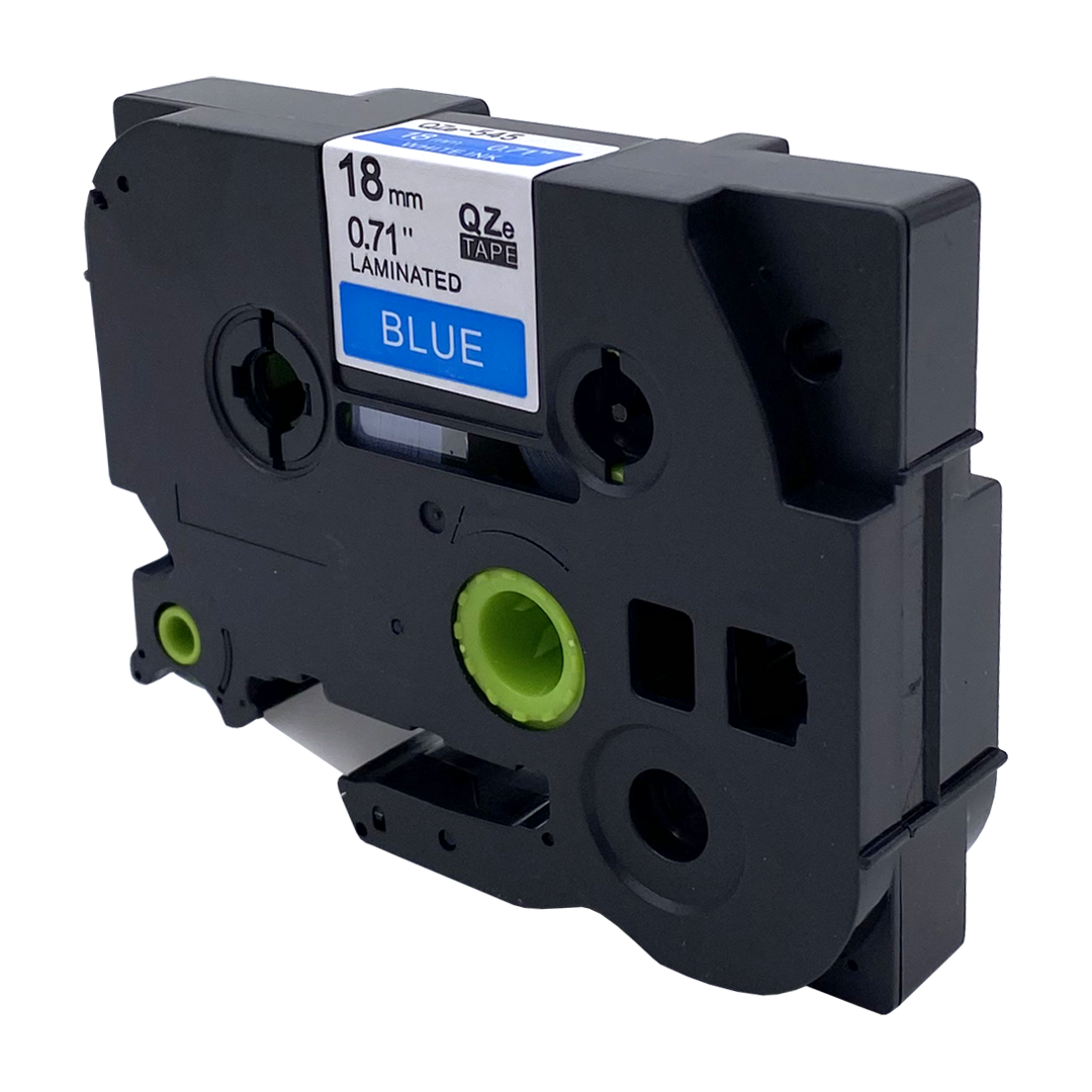 Zwarte labeltape cartridge. Blauw label, groene spoel.