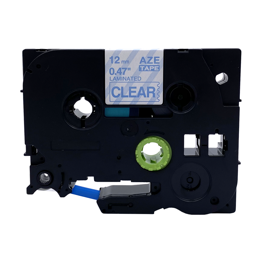 Black label maker tape cartridge with white text and clear tape.