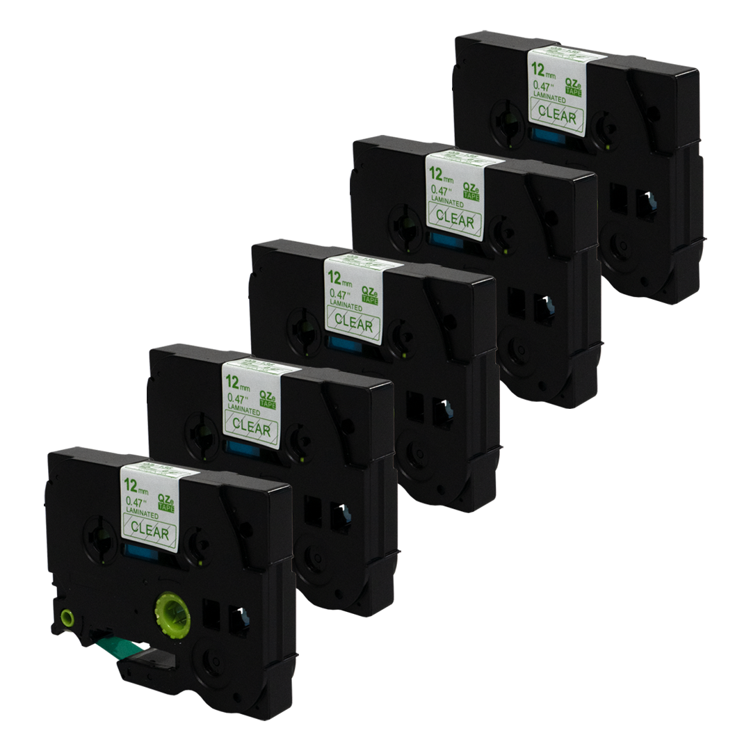 Zwarte labeltape cartridges op een rij, transparante labels.