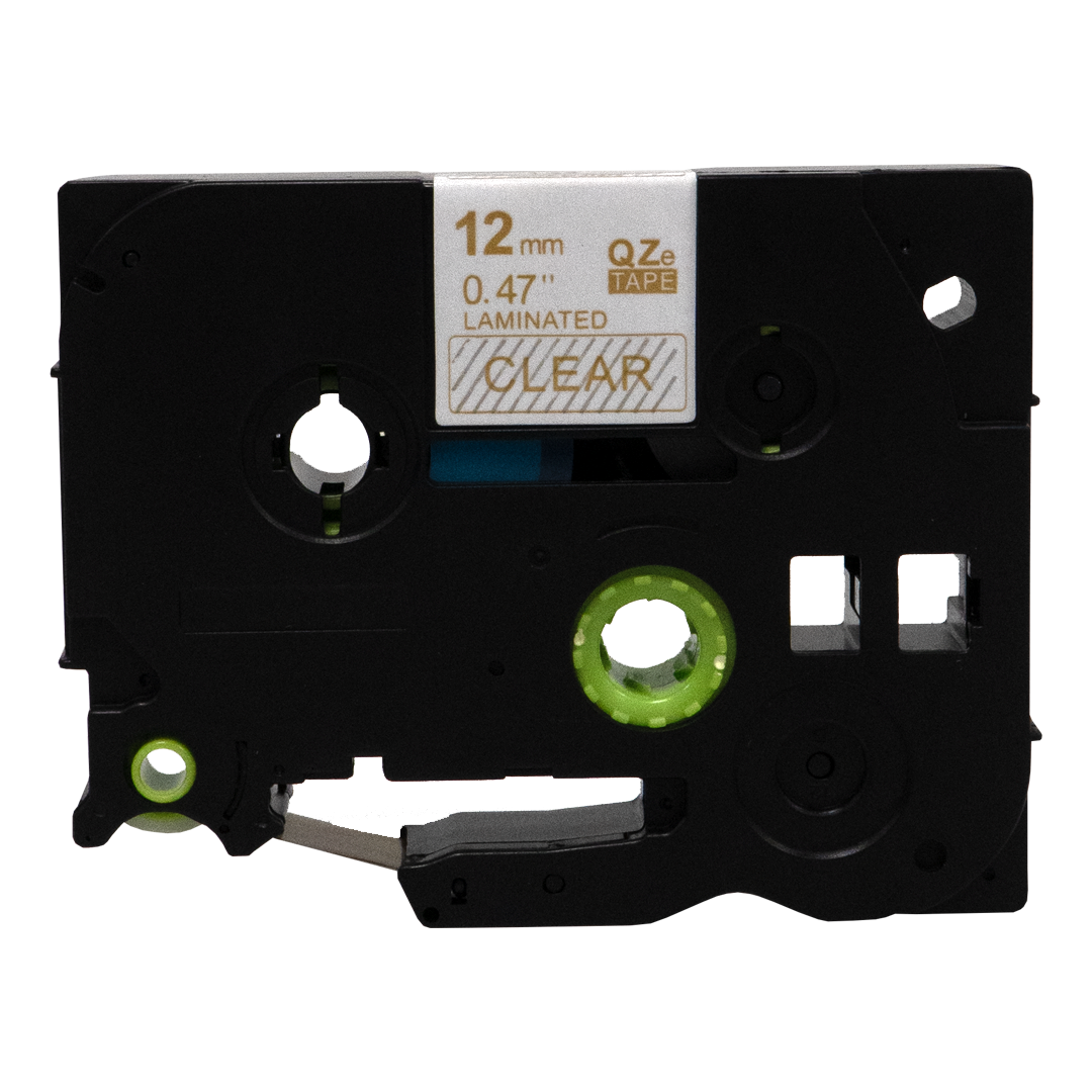 Zwart labeltape cartridge met transparante tape. 12 mm, 0,47" gelamineerd. Witte achtergrond.