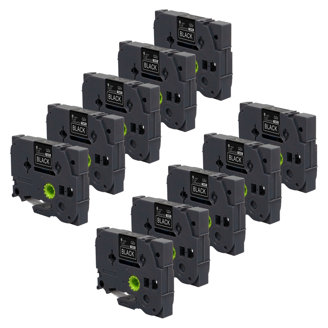 Twaalf zwarte labelmakerpatronen met zwarte labels en groene wielen.