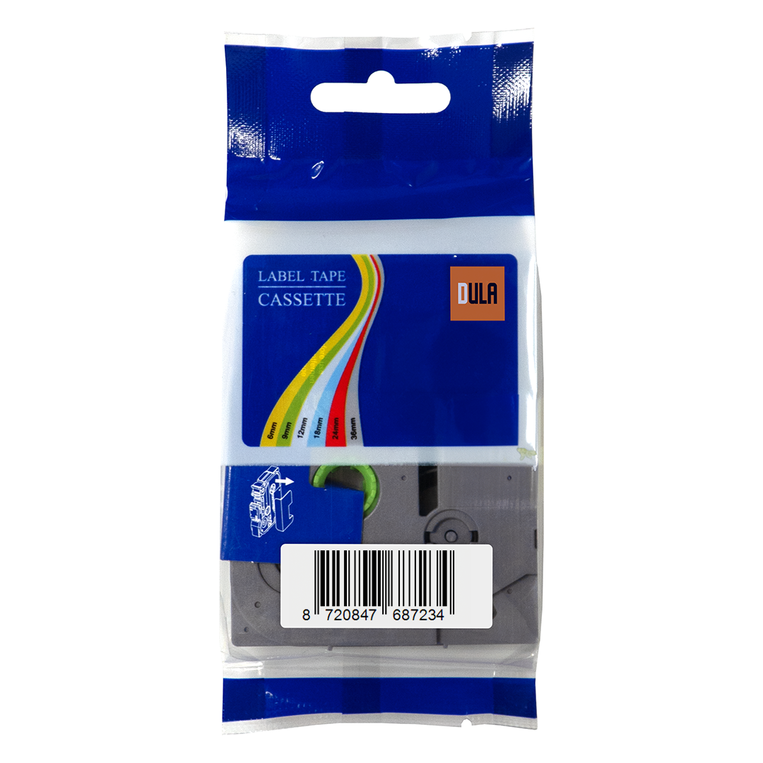 Label tape cassette in een plastic verpakking met blauwe bovenkant en witte onderkant.