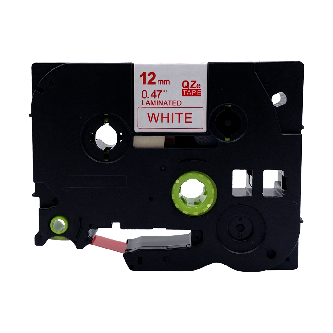 Black label tape cartridge with white tape. 12mm, 0.47" laminated. White background.
