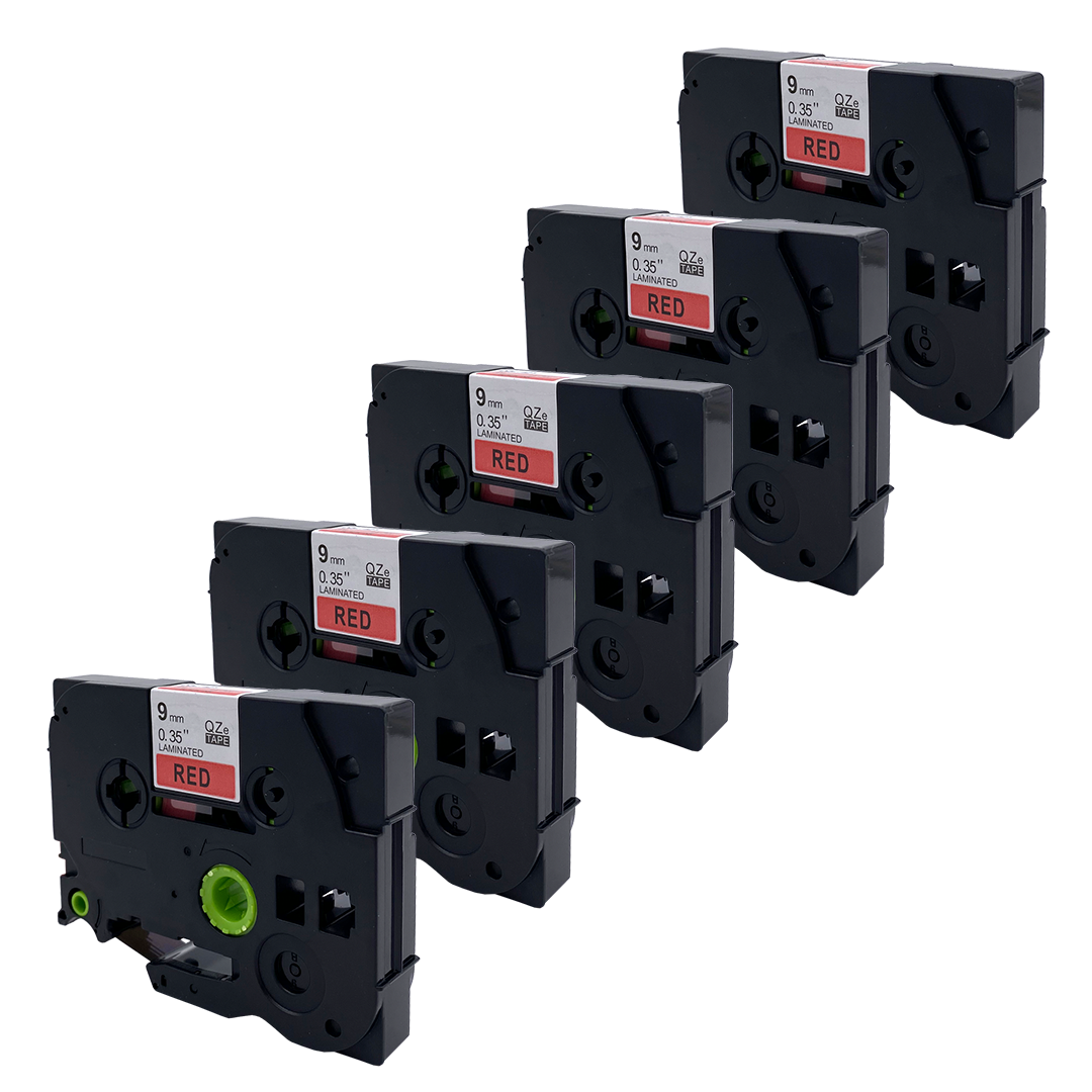 Zes zwarte tape cartridges met rode labels. Labels met 'RED' en '9mm 0.35" laminated'.