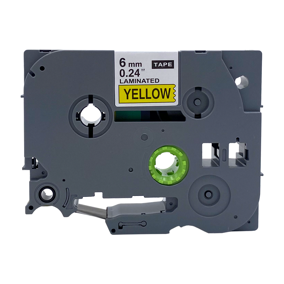 Gray label tape with 6mm, 0.24in, laminated, YELLOW text.