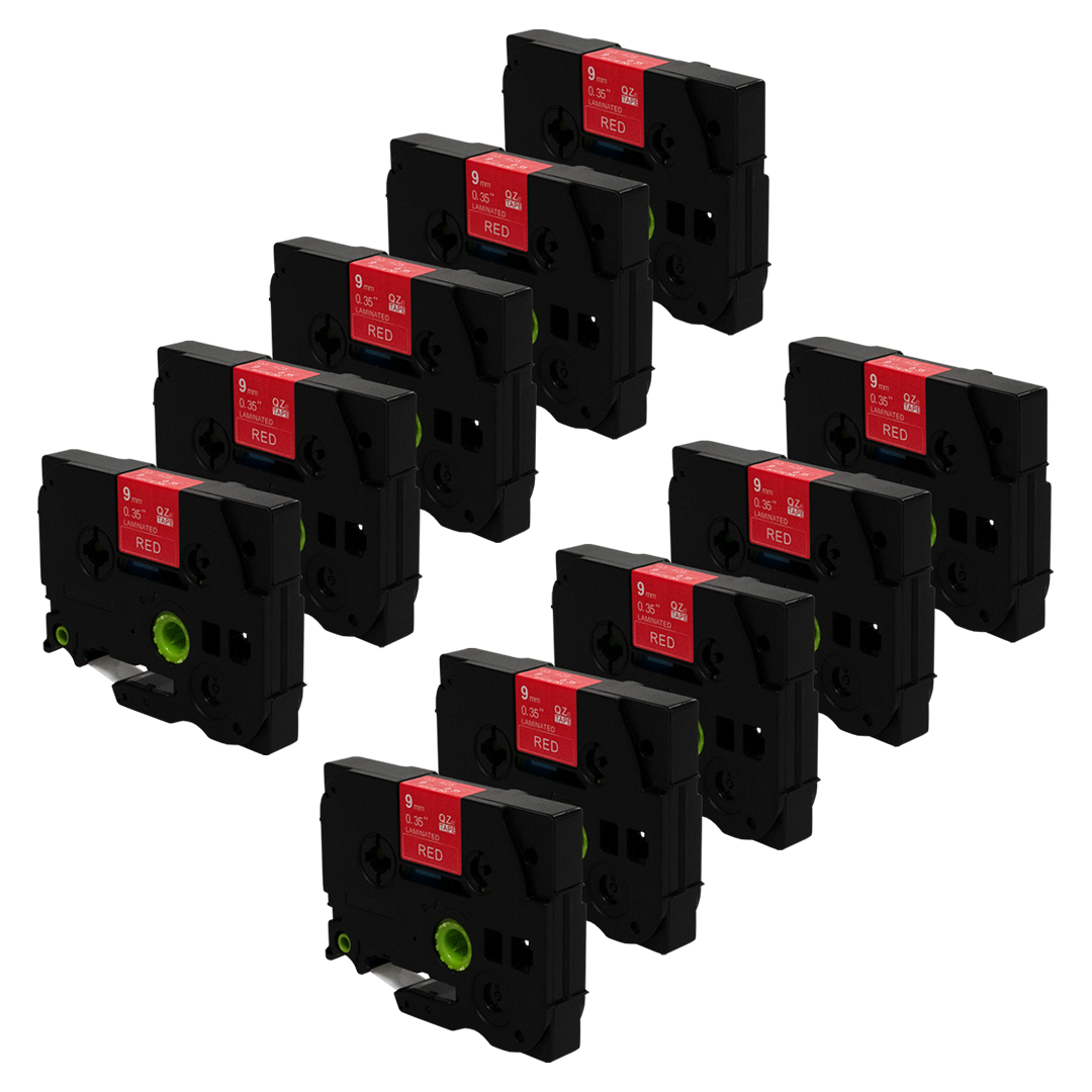 Twaalf zwarte labelmaker cartridges met rode tekst. Het label luidt: 9mm 0.35" LAMINATED RED.