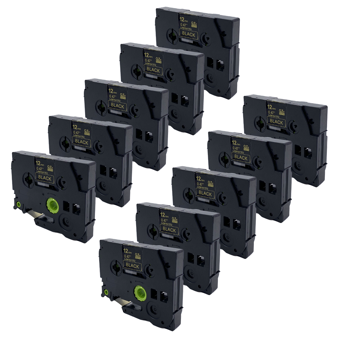 Twaalf zwarte labelmaker cartridges met zwarte tekst. Het label luidt: 12mm 0.47" LAMINATED BLACK.