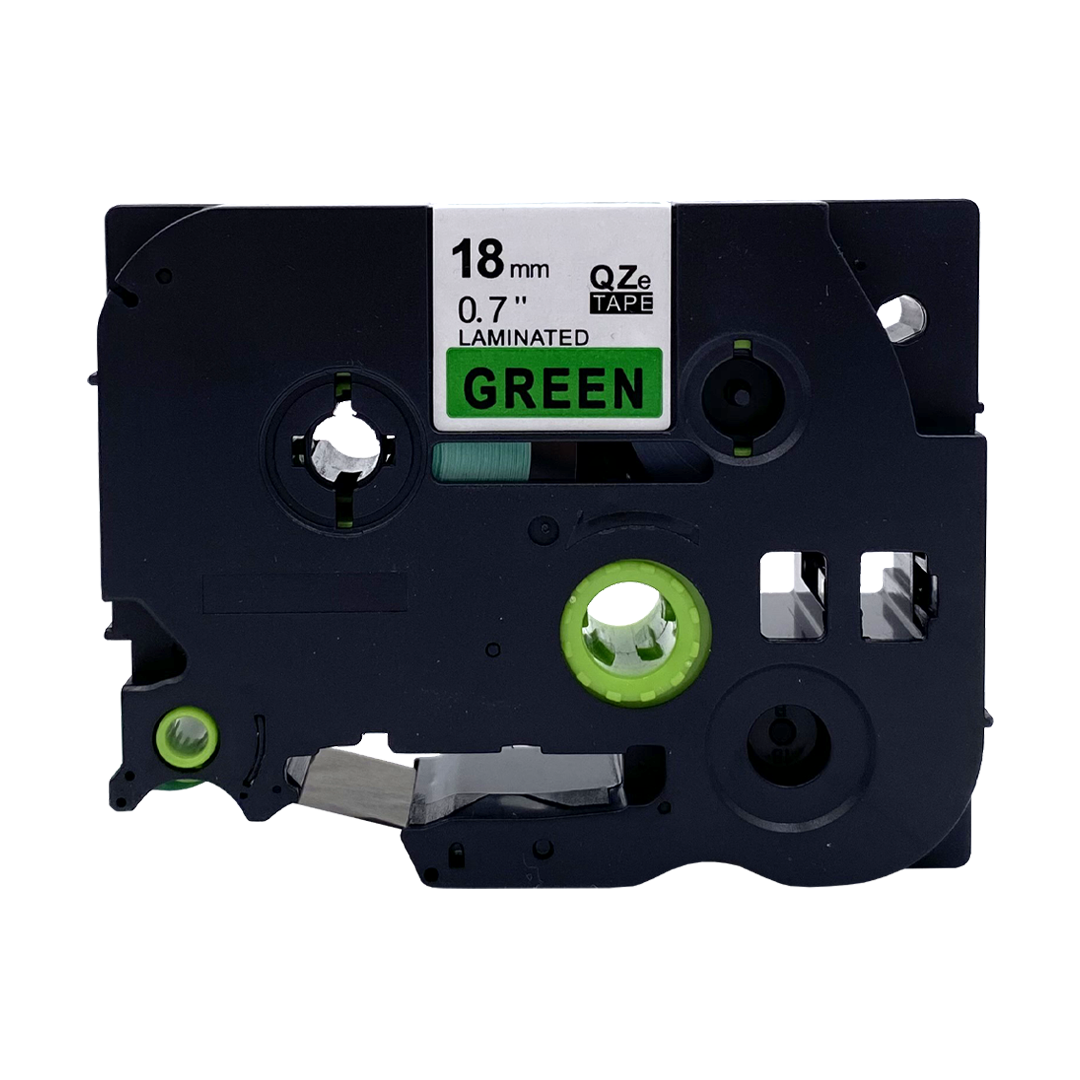 Black label maker cartridge with green label and text. The cartridge sits on a white background.
