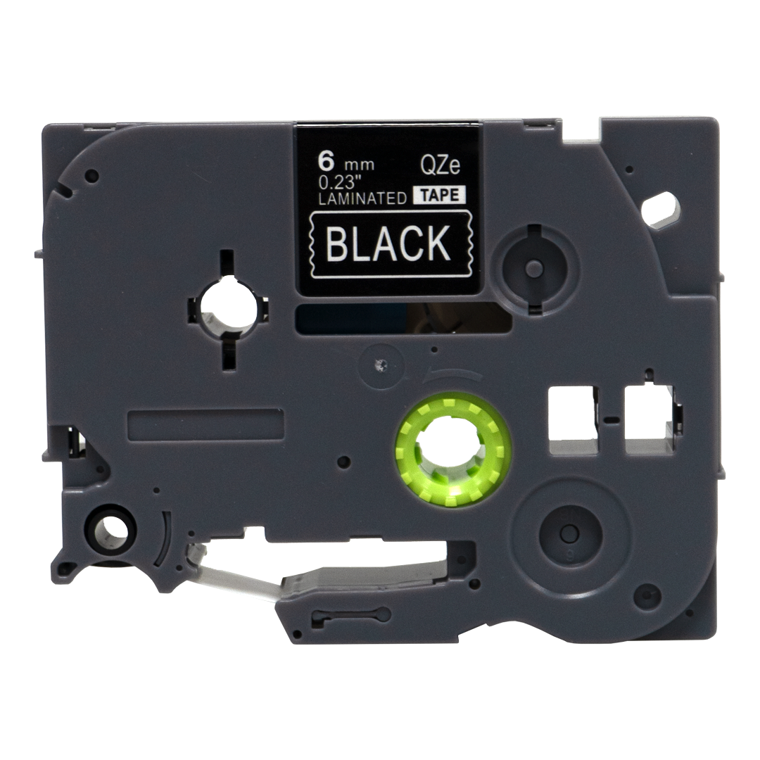 Black tape cartridge with black text on a white label. Says 'BLACK', '6mm 0.23" laminated tape'.