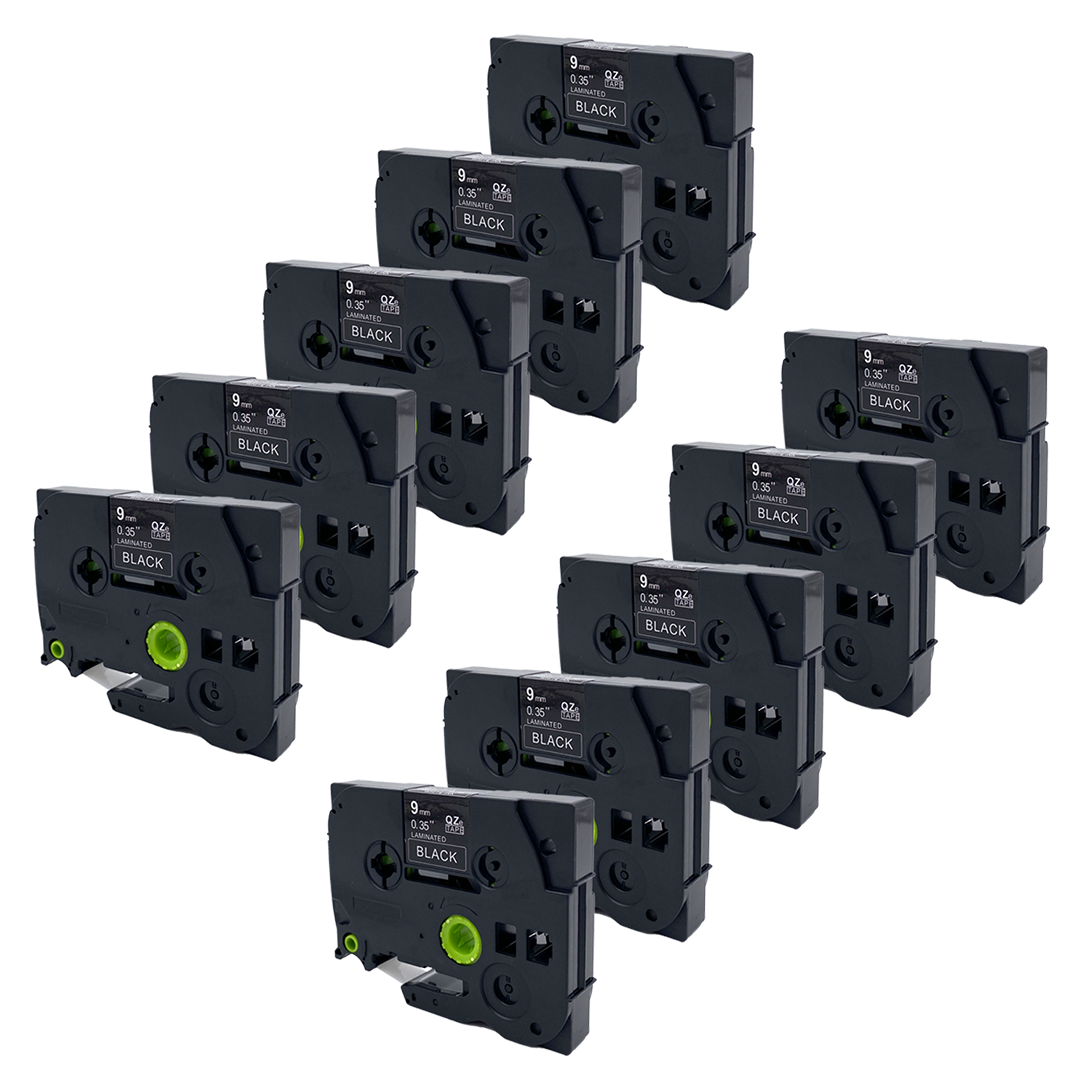 Veel zwarte tape cartridges. Labels met 'BLACK' en '9mm 0.35" laminated'.