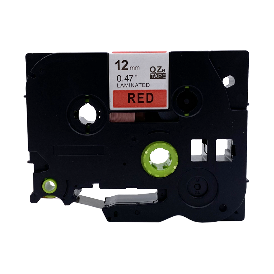 Black label tape cartridge with red tape. White text on the label. Green and black plastic.