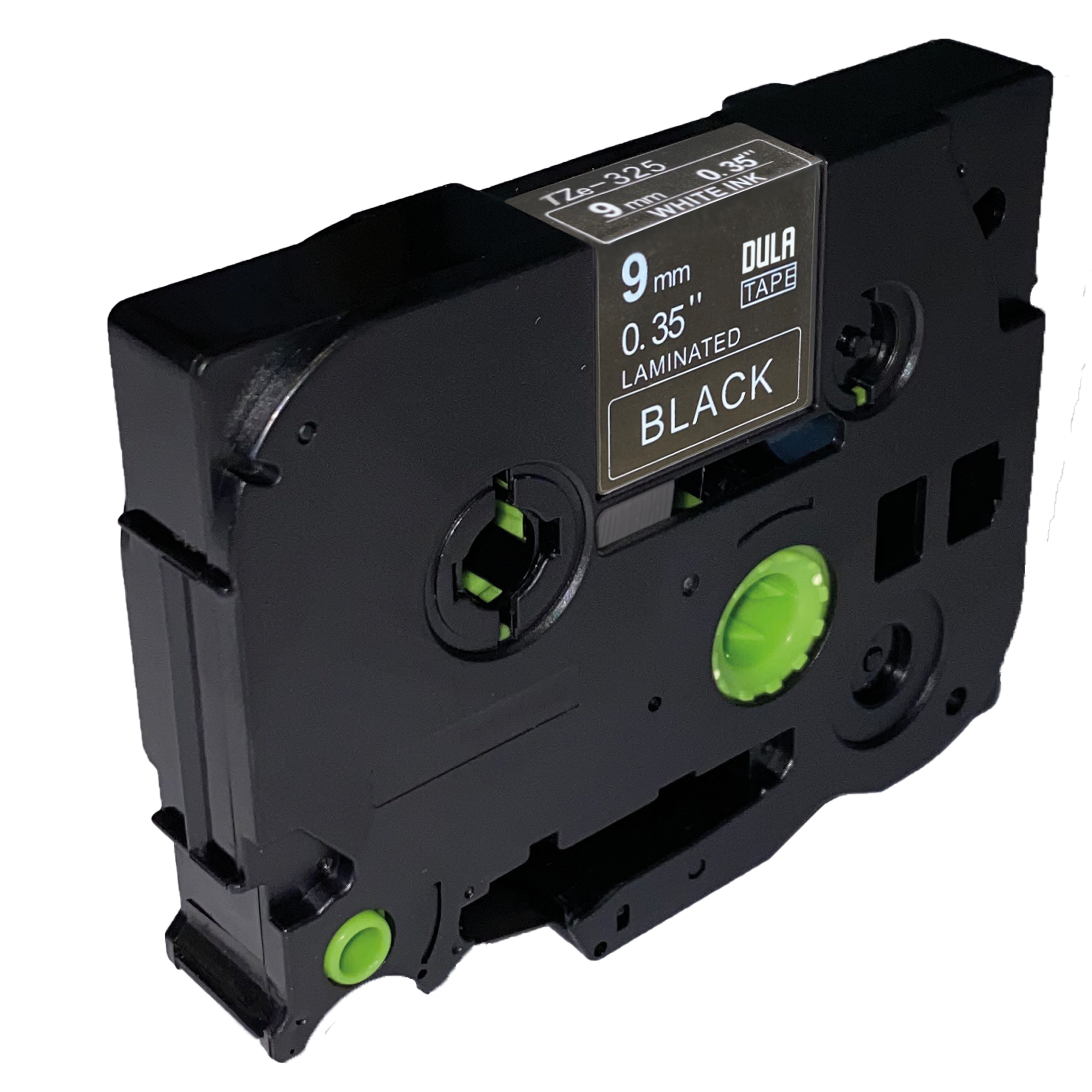 Black tape cartridge with black text on white label. Says 'BLACK', '9mm 0.35" laminated'.
