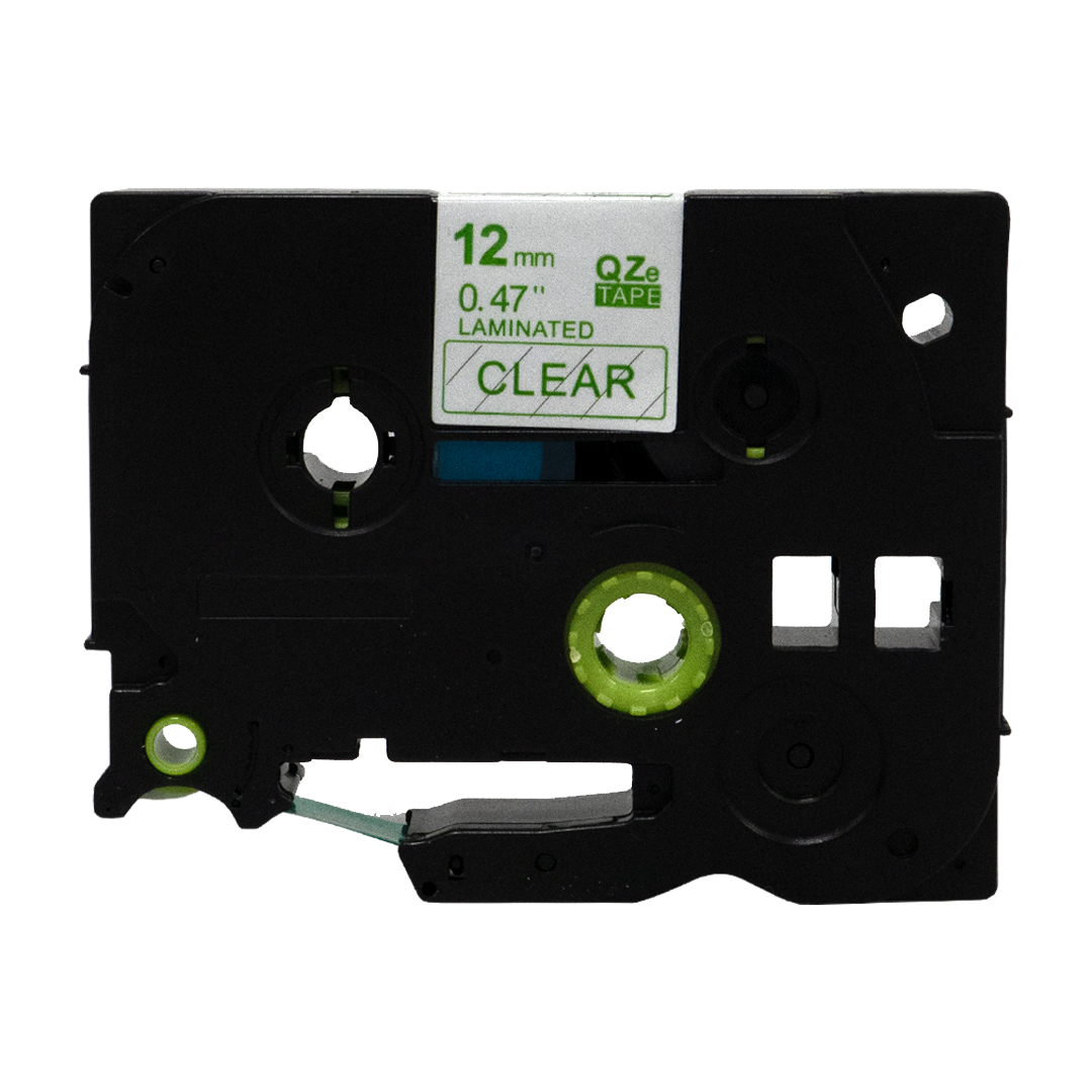 Zwarte tape cartridge met doorzichtige tape. Label met 'CLEAR', '12mm 0.47" gelamineerd'.