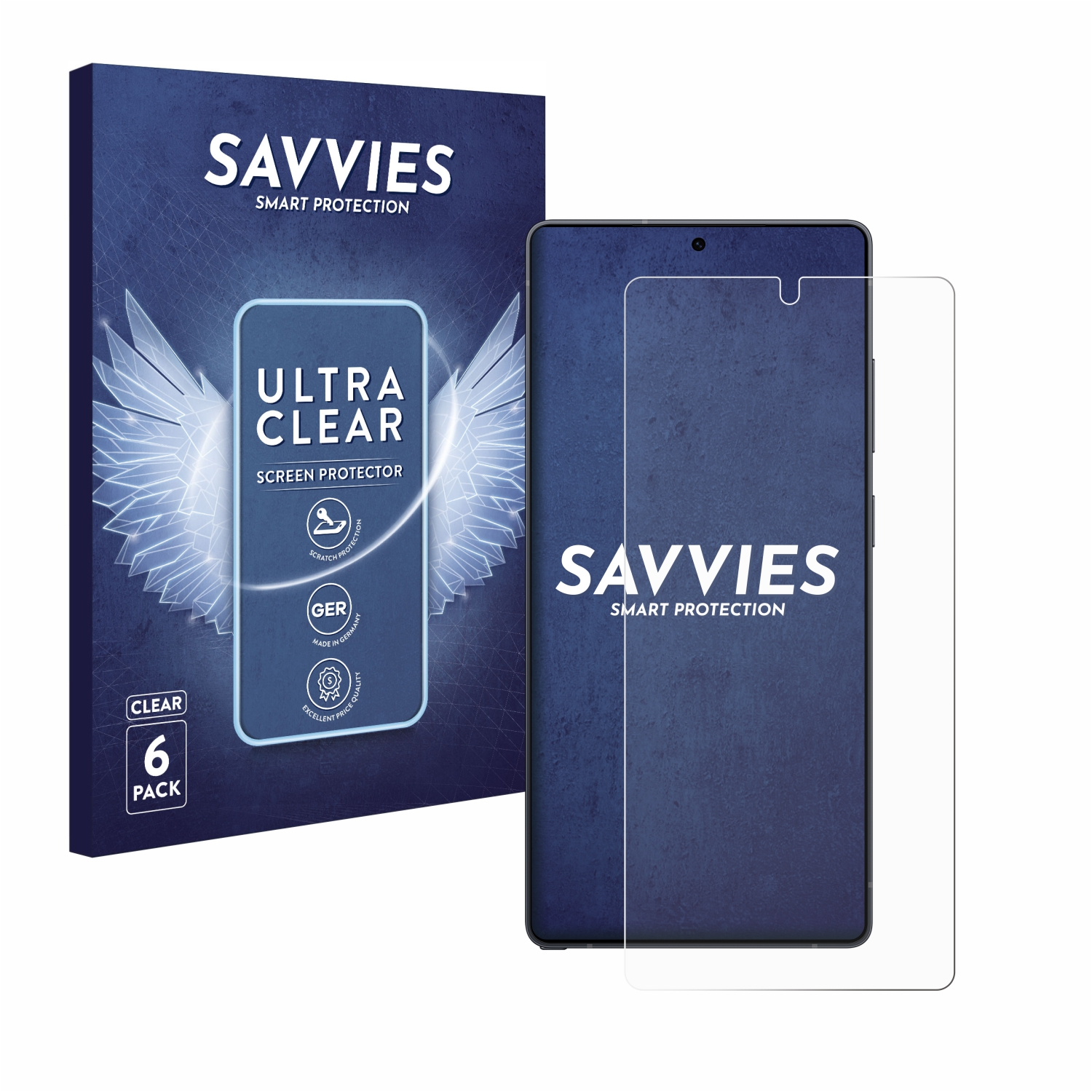 Verpackung und Telefon mit Displayschutzfolie, klare Displayschutzfolie angebracht. Weißer Hintergrund.