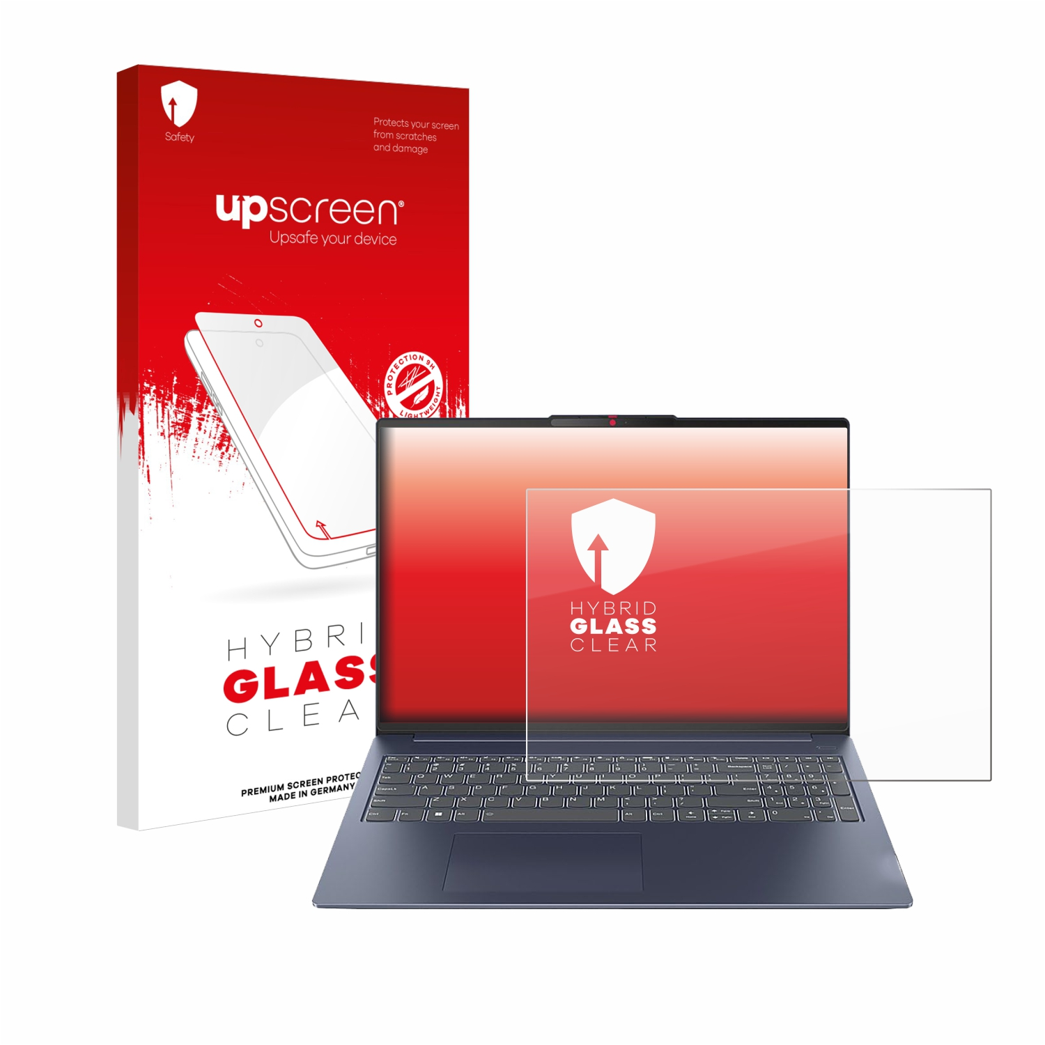 Laptop und Displayschutzfolie mit Verpackung. Der Schutz ist klar, der Laptop blau-grau.