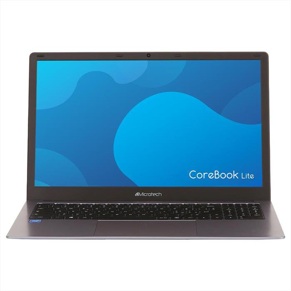 Un laptop grigio con un design astratto blu sullo schermo, che mostra le parole 'CoreBook Lite'.