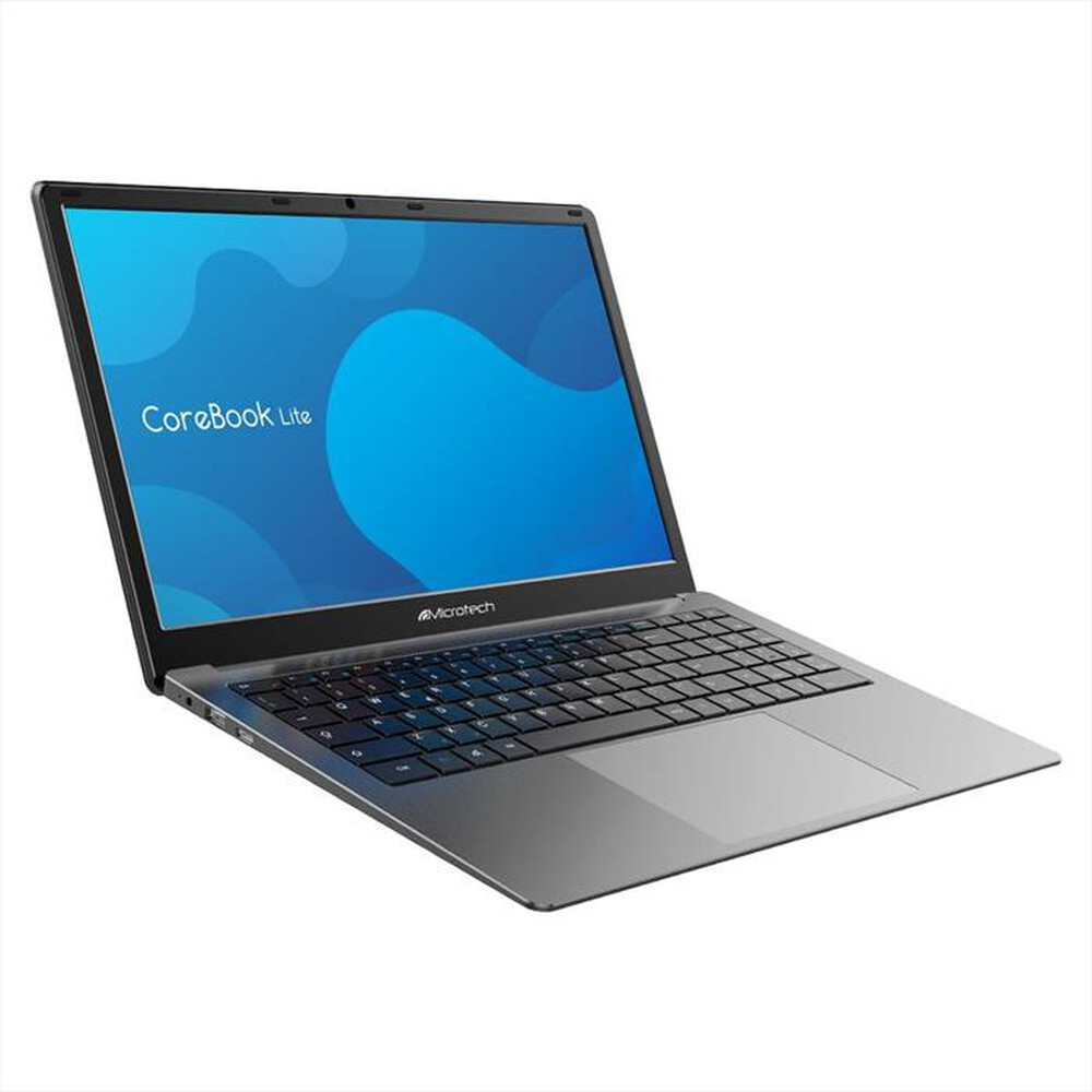 Laptop argentato con schermo che mostra una grafica blu e bianca, vista angolata.