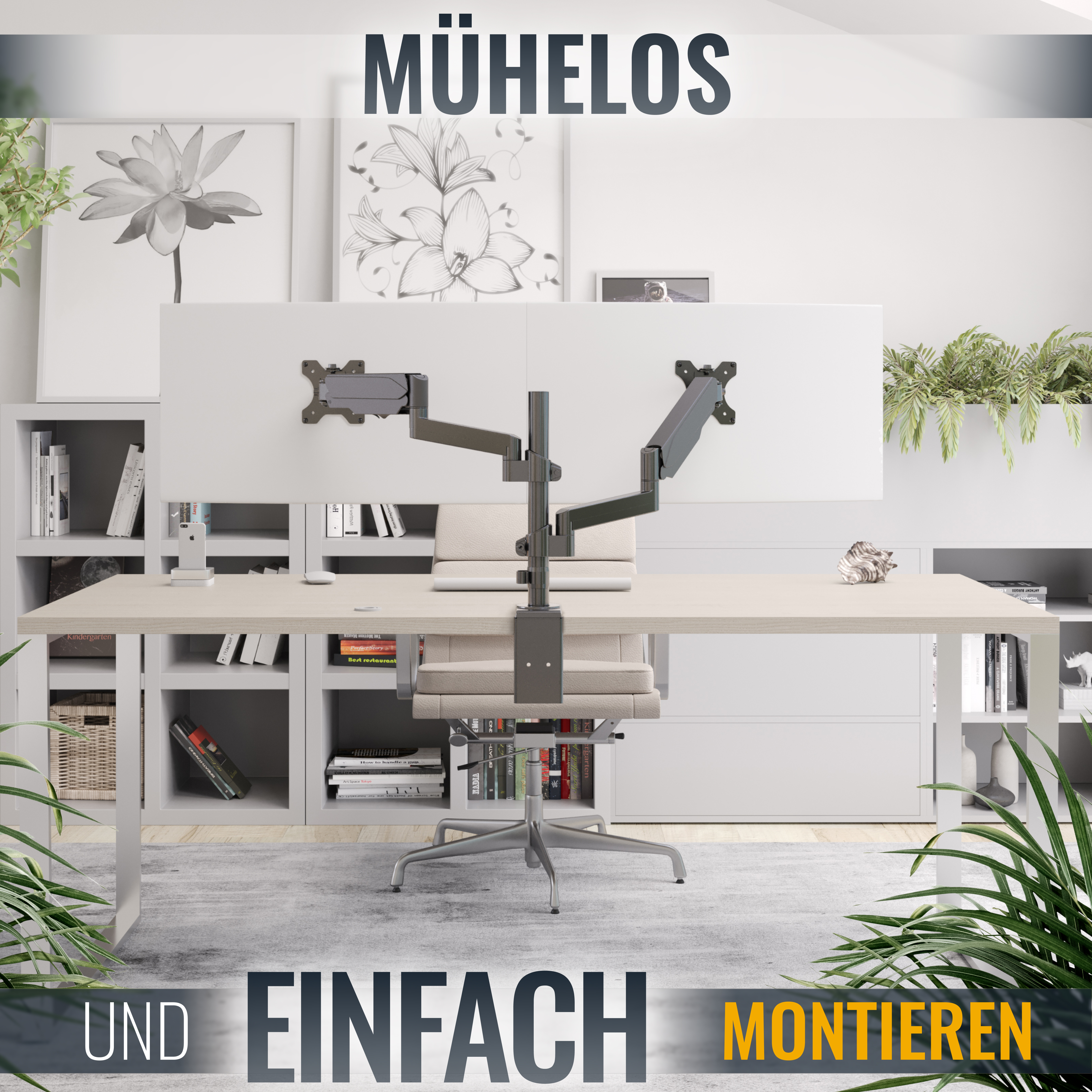 Moderner Schreibtisch mit zwei Monitoren, Stuhl. Pflanzen, Bücher und Deko.