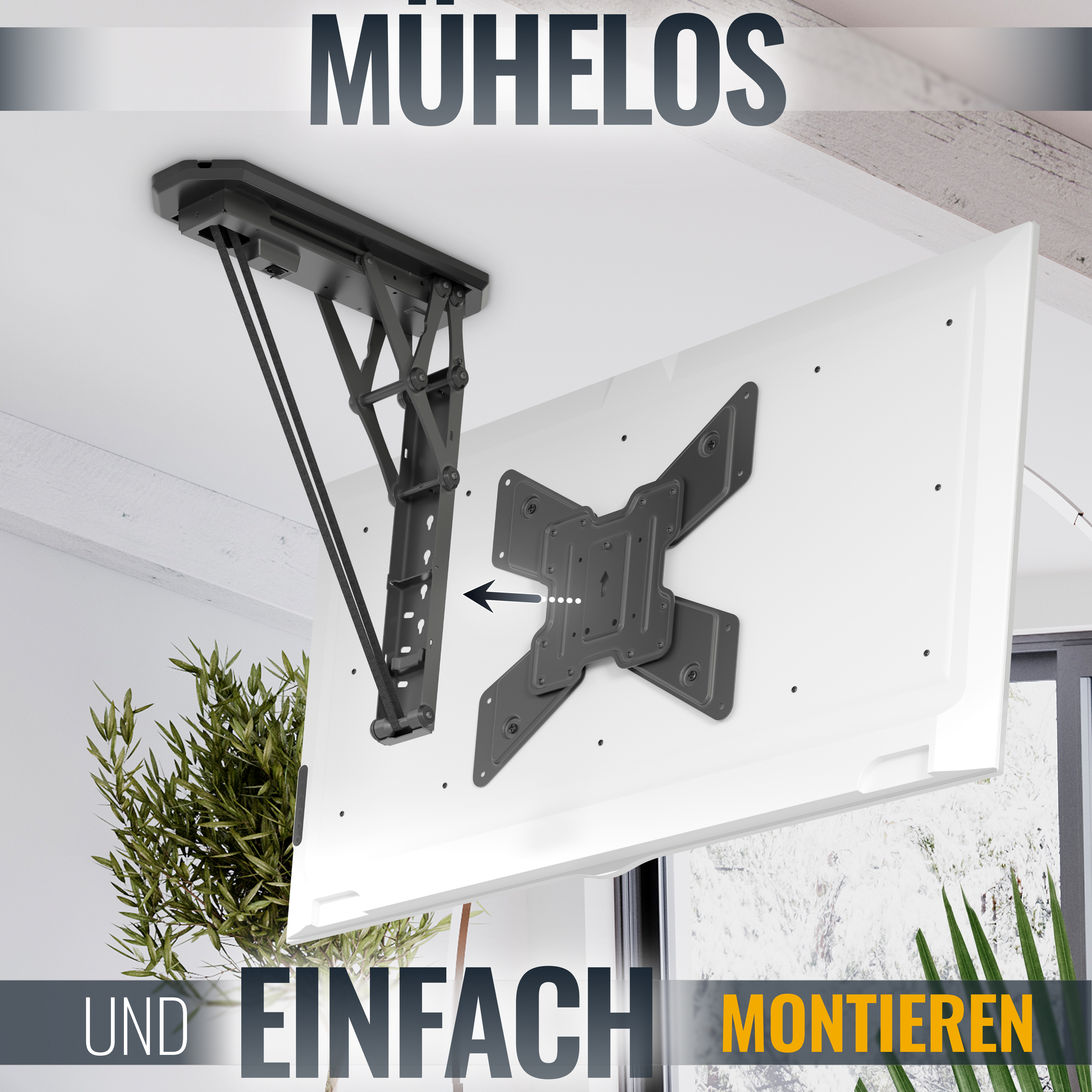 Ein weißer Fernseher, der an der Decke montiert ist, mit deutschem Text: 'Mühelos und Einfach Montieren'.