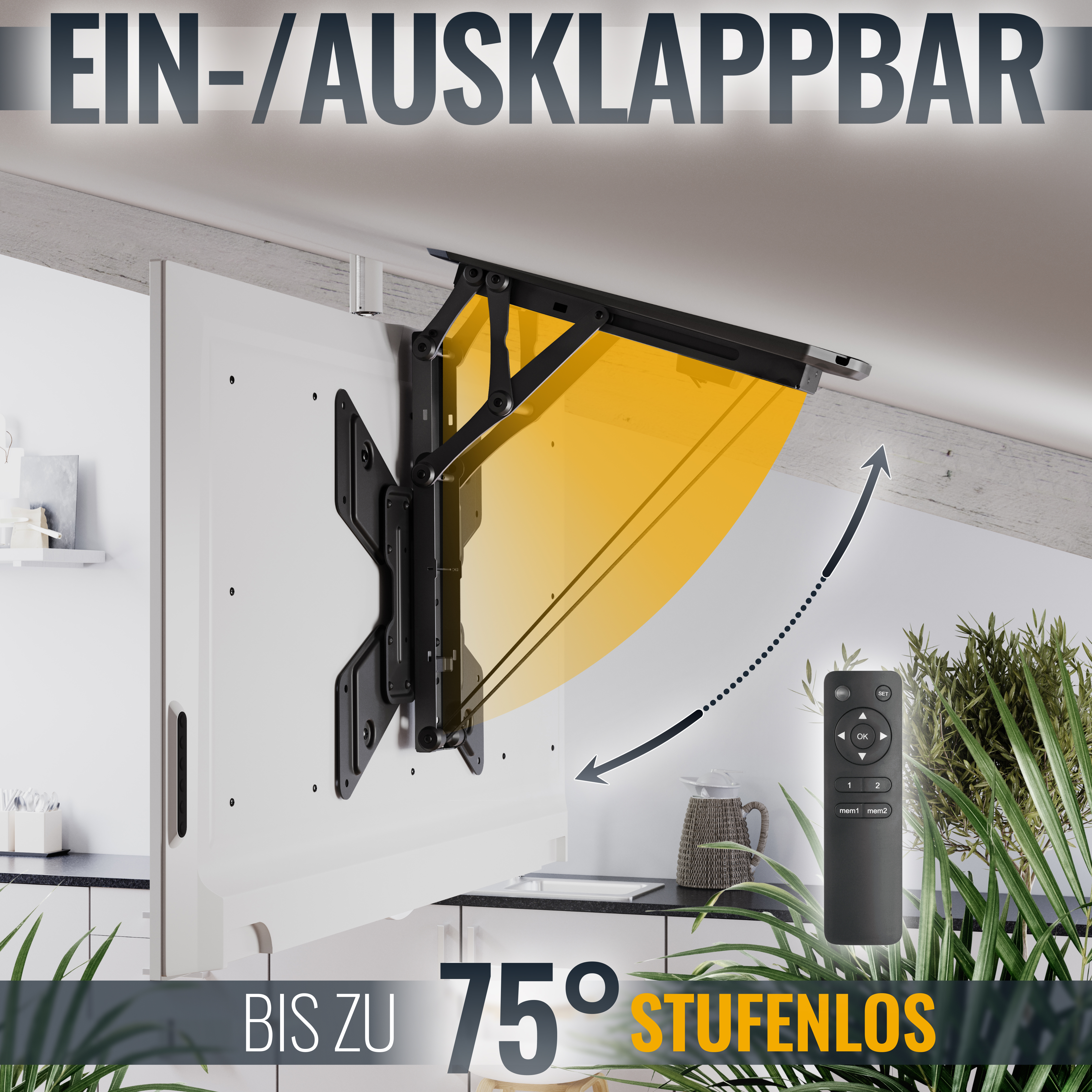 Fernseher mit Wandhalterung, teilweise ausgeklappt. Gelbe Grafik zeigt Bewegung.