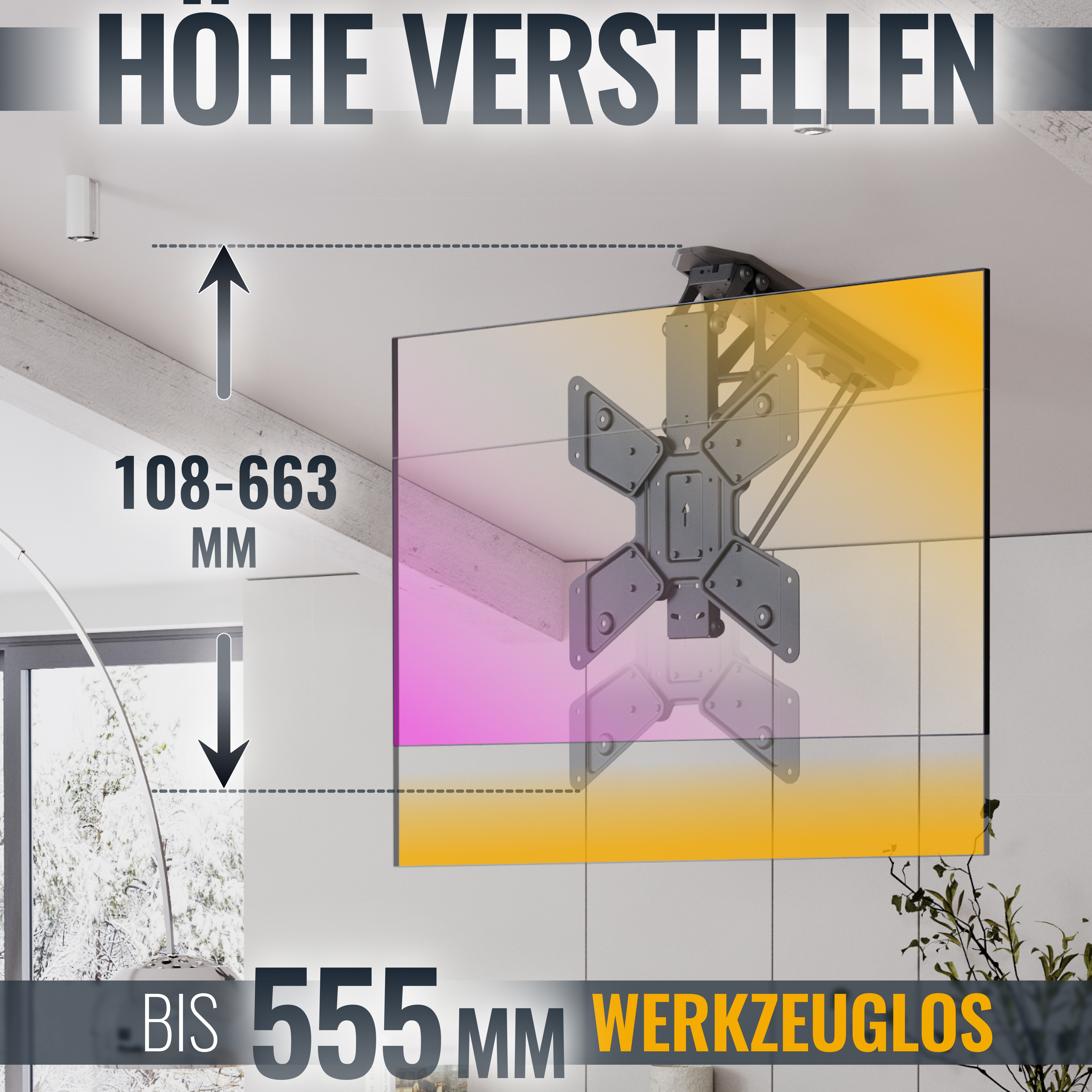 Ein Fernseher, der von der Decke abgehängt ist, mit Text und Maßen.