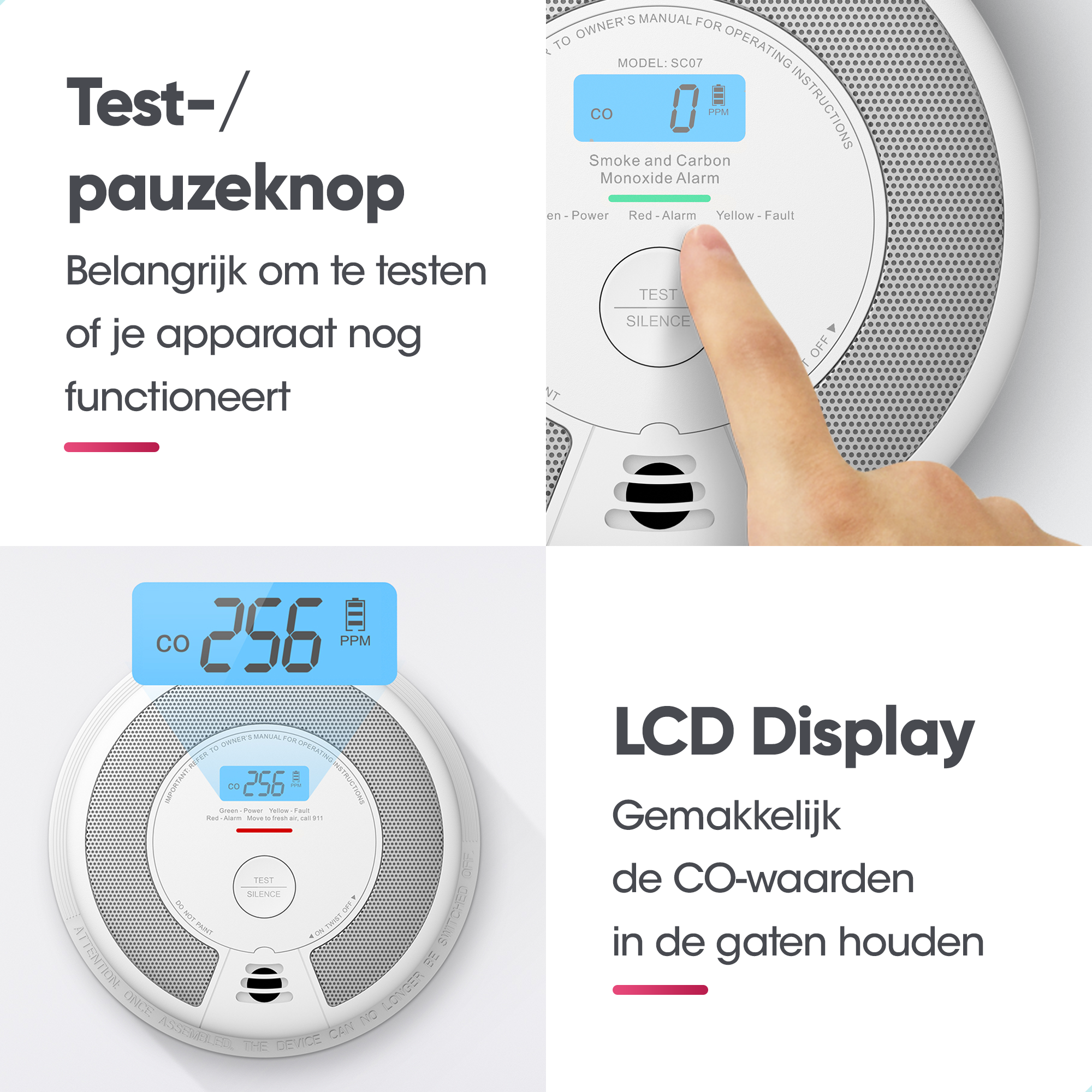 Ein Rauch- und Kohlenmonoxid-Melder. Ein Finger drückt die Test-/Stummtaste.