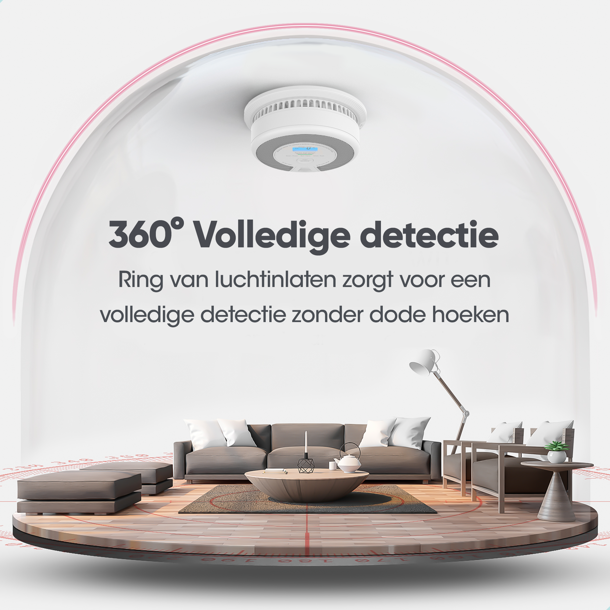 Rauchmelder an einer weißen Decke, mit Text, der 360-Grad-Erkennung beschreibt.