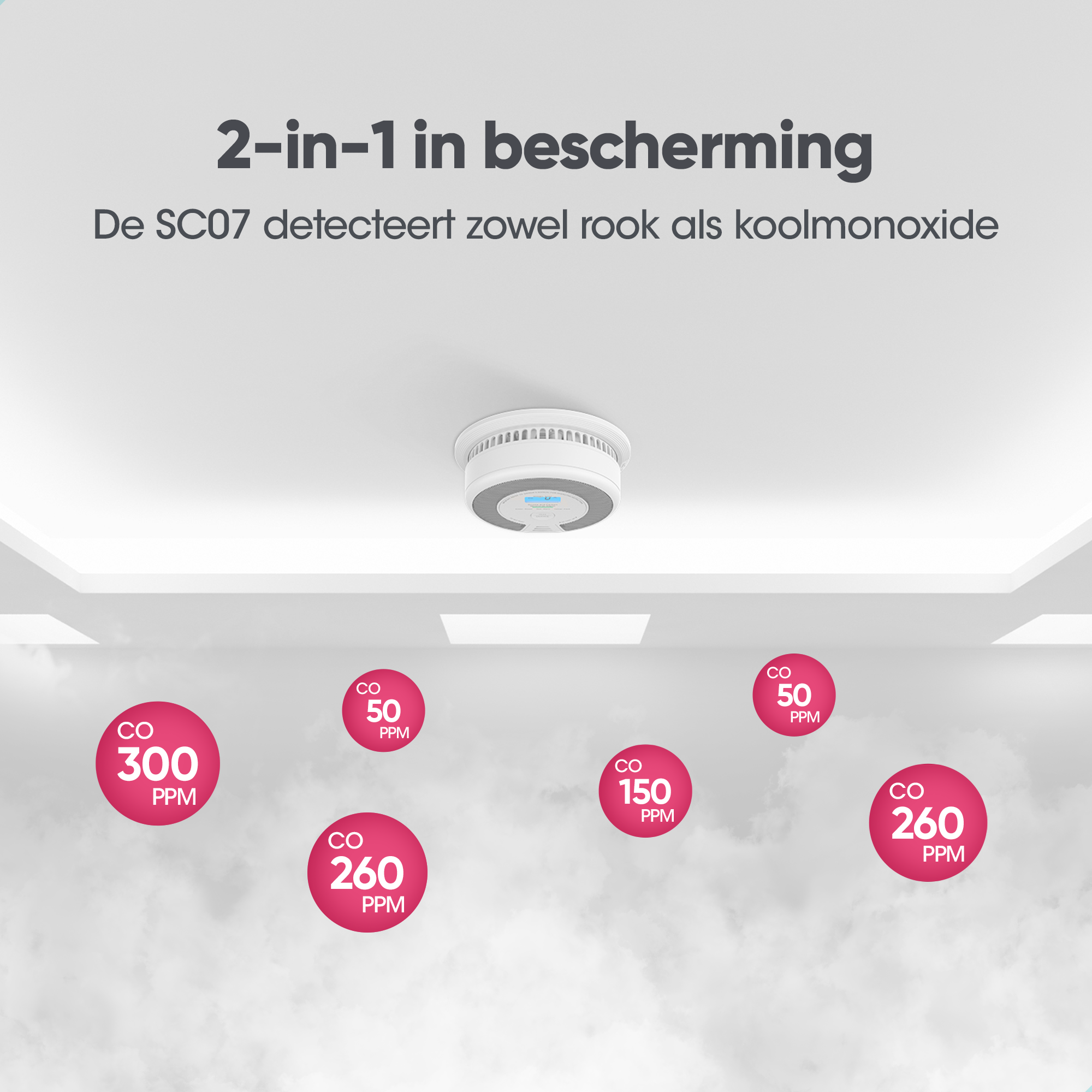 Ein Rauchmelder an der Decke, umgeben von Kreisen, die CO-Werte in ppm angeben.